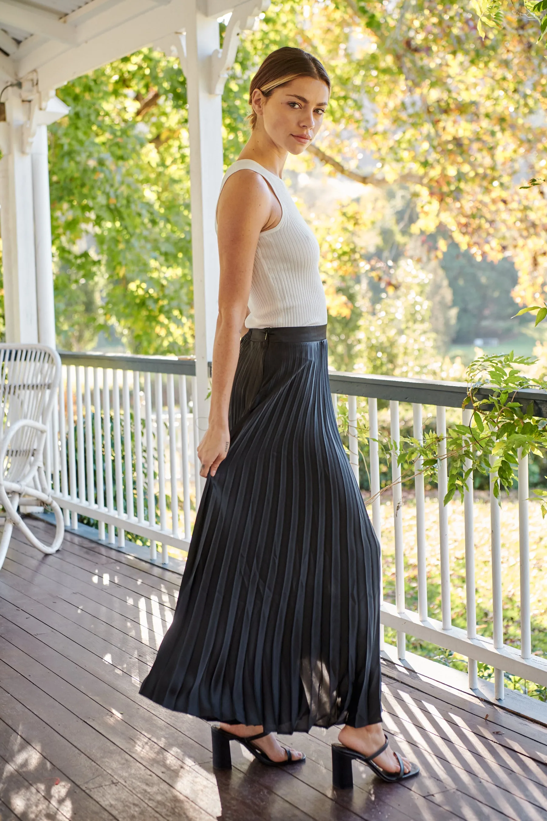 Lucy Pleated Black Satin Skirt