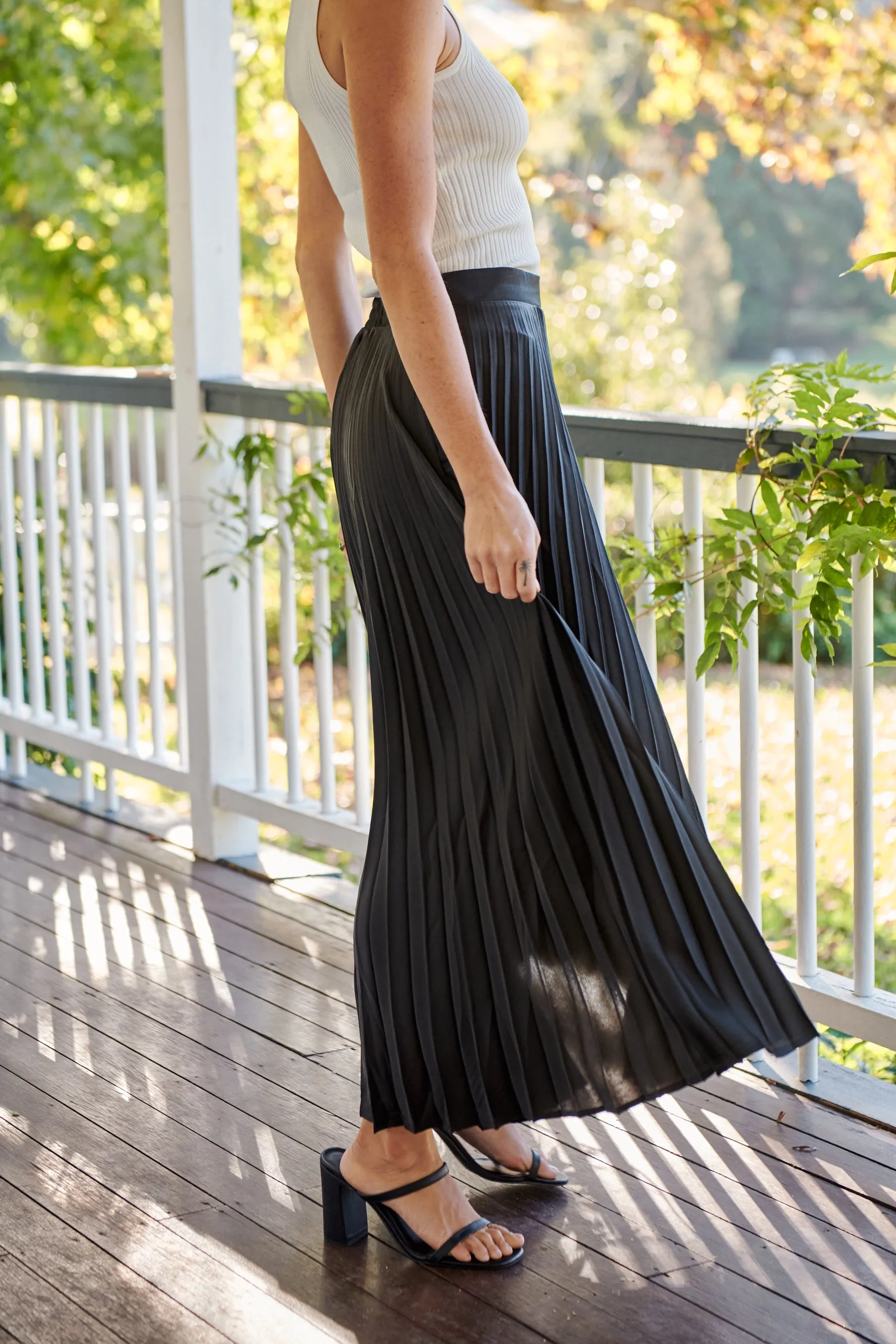 Lucy Pleated Black Satin Skirt