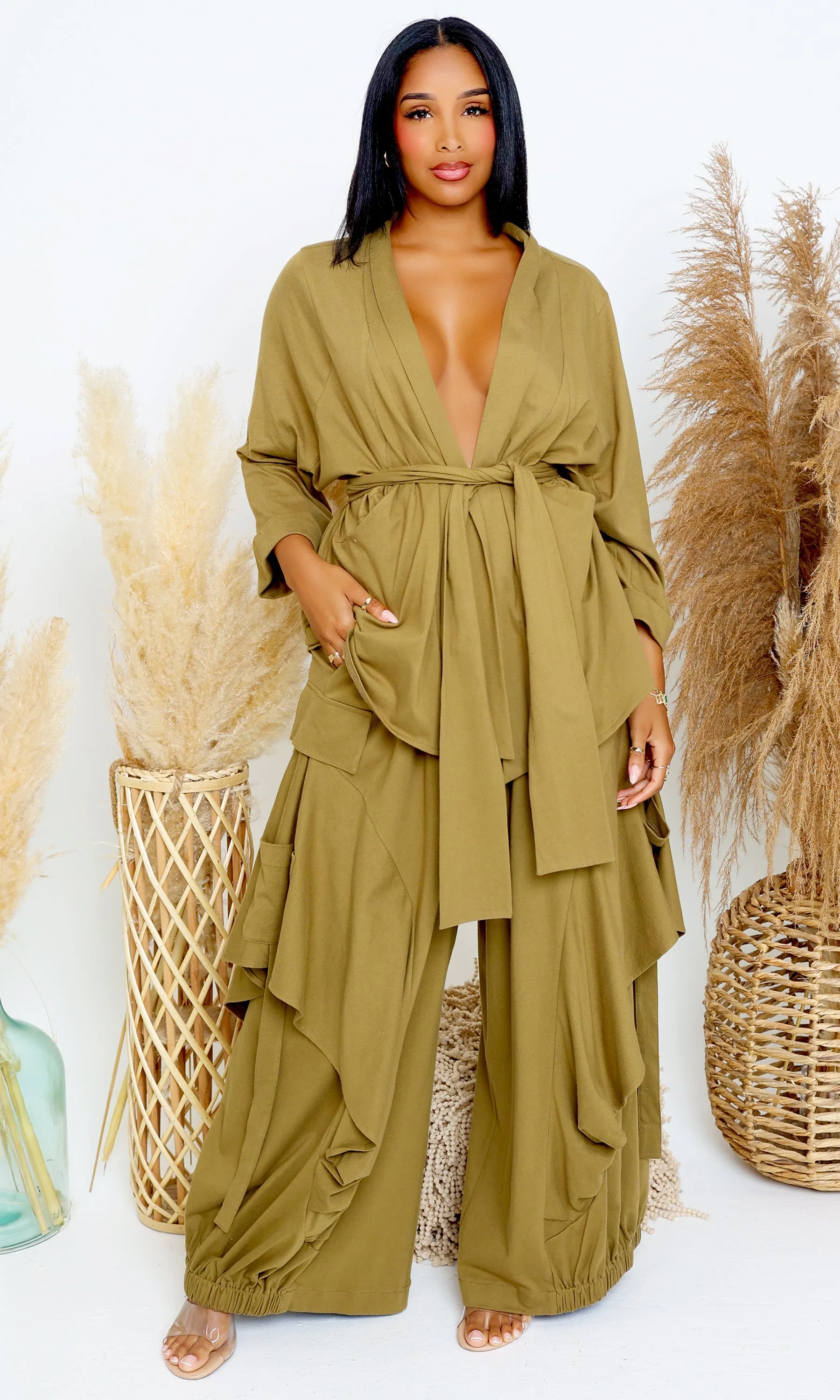 Luxury | Jersey Cardigan Set - Olive