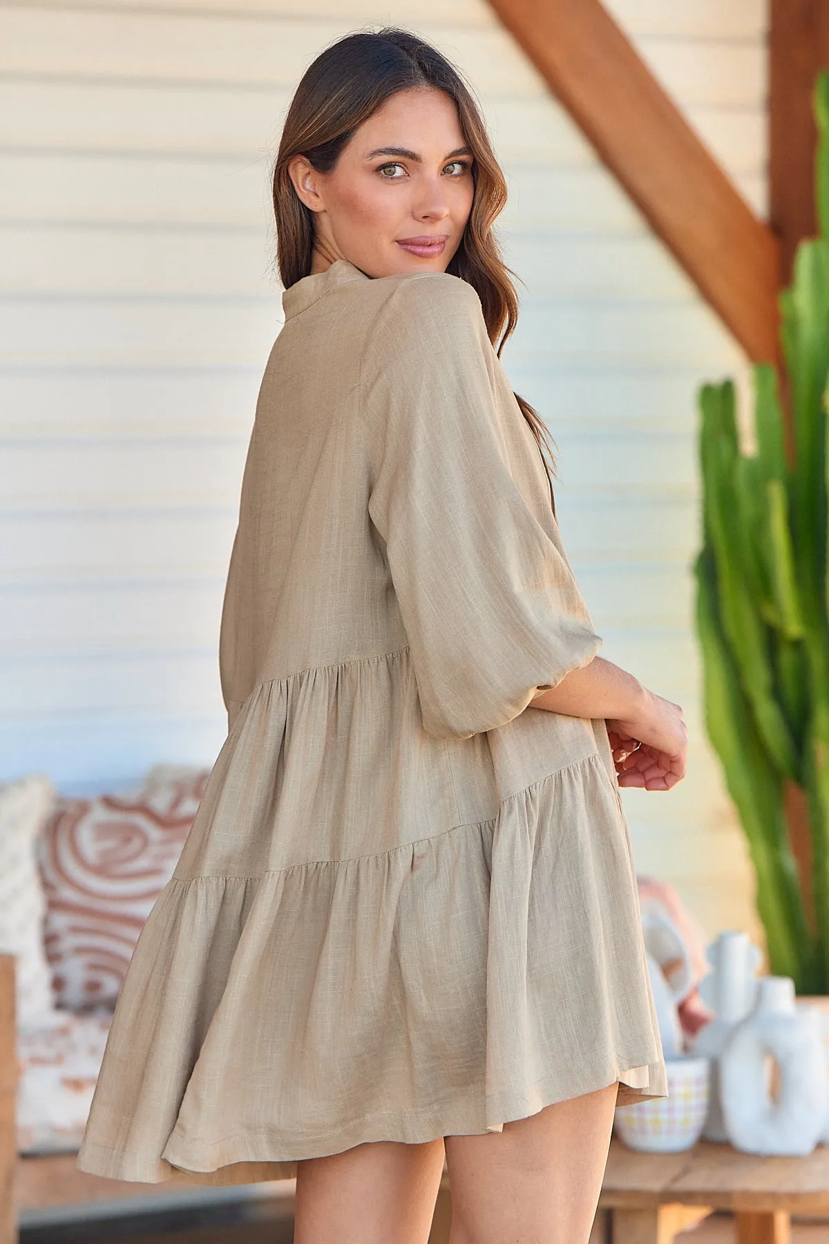 Mei Beige Long Sleeve Button Linen Dress