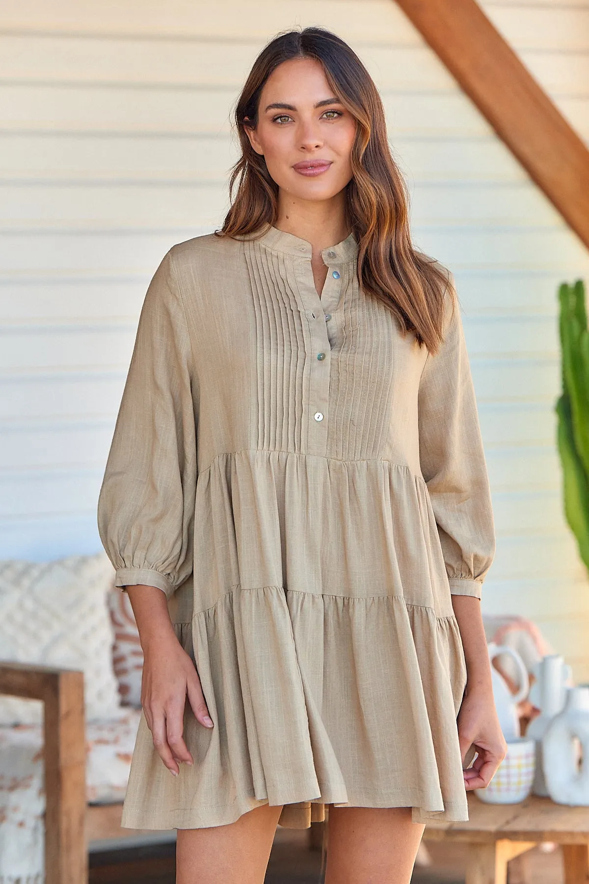 Mei Beige Long Sleeve Button Linen Dress