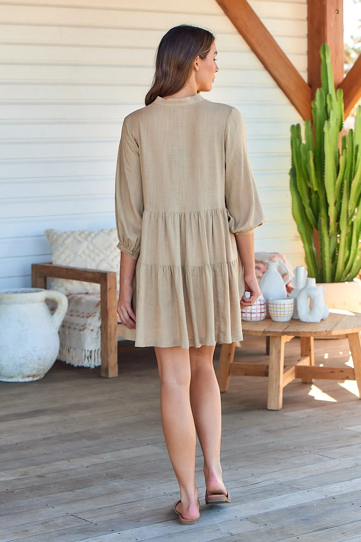 Mei Beige Long Sleeve Button Linen Dress