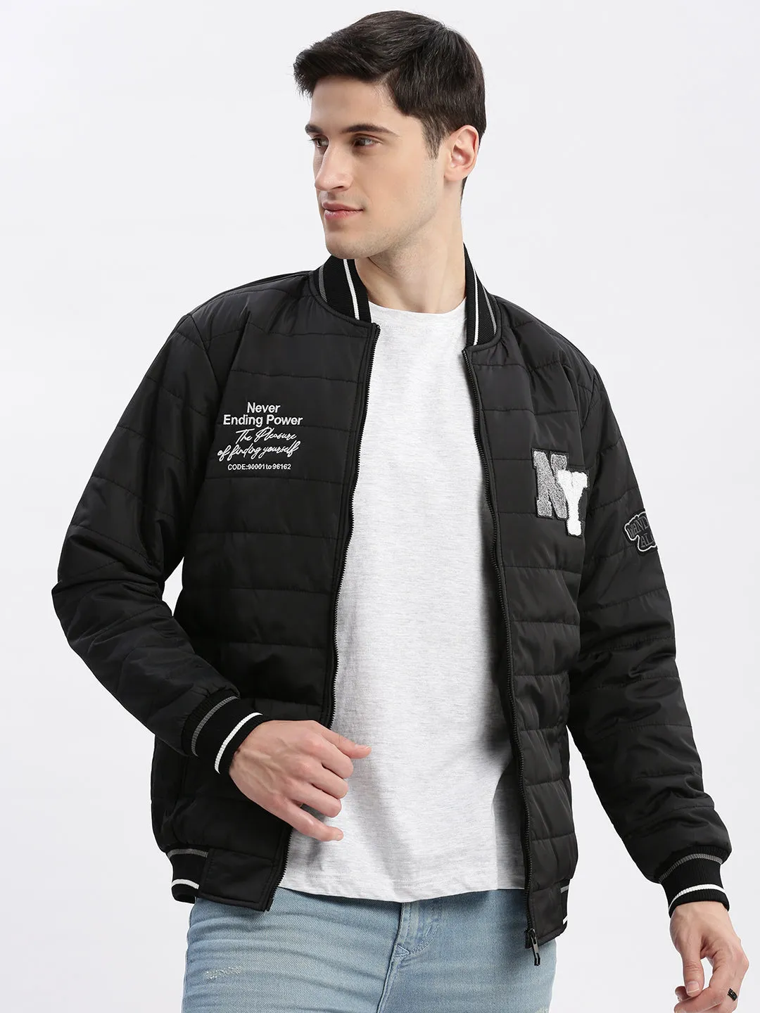 Men Typography Mandarin Collar Black Puffer Jacket