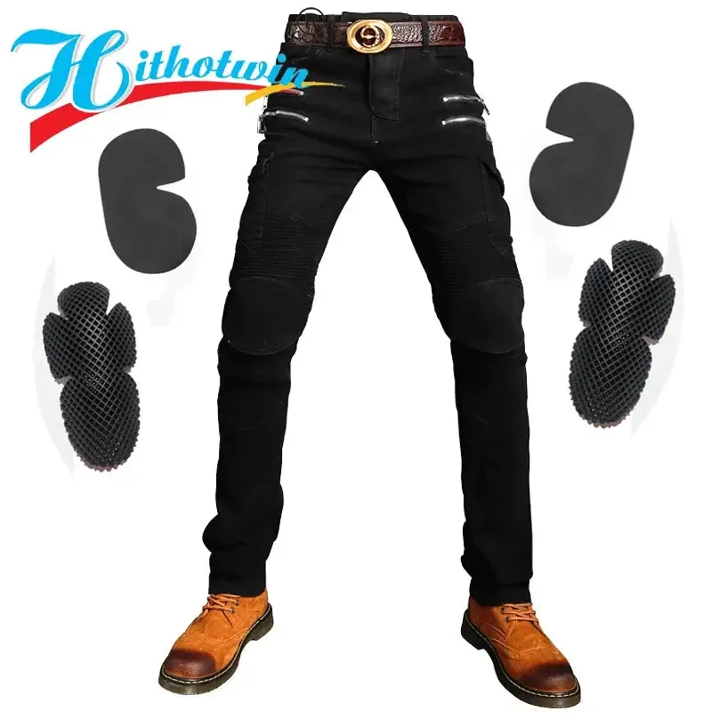 Men's Khaki Motorcycle Pants, Black Men Motor Jeans Zipper Protective Gear Blue Motorbike Trousers Motocross Pants Moto Pant