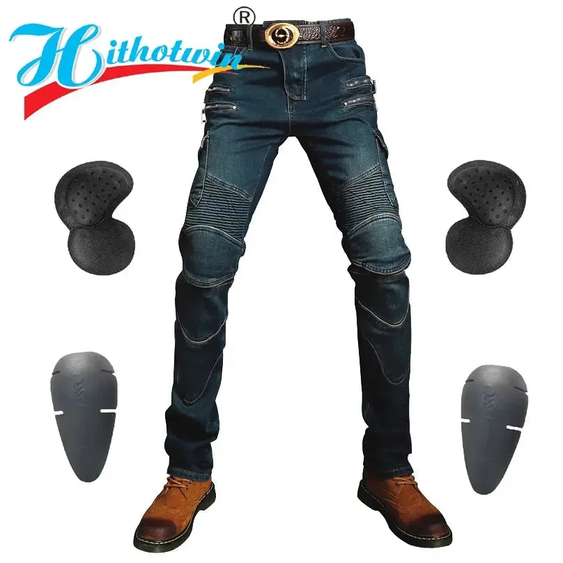 Men's Khaki Motorcycle Pants, Black Men Motor Jeans Zipper Protective Gear Blue Motorbike Trousers Motocross Pants Moto Pant