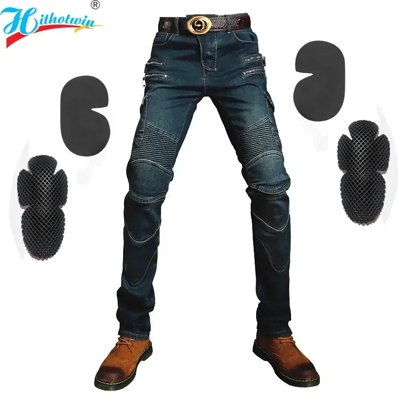 Men's Khaki Motorcycle Pants, Black Men Motor Jeans Zipper Protective Gear Blue Motorbike Trousers Motocross Pants Moto Pant