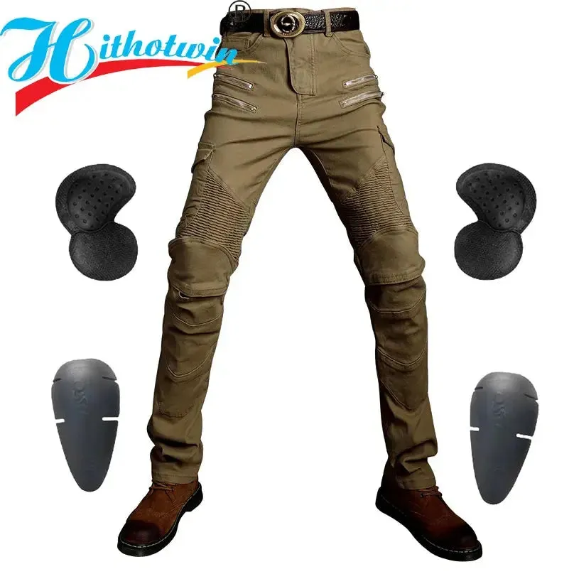 Men's Khaki Motorcycle Pants, Black Men Motor Jeans Zipper Protective Gear Blue Motorbike Trousers Motocross Pants Moto Pant