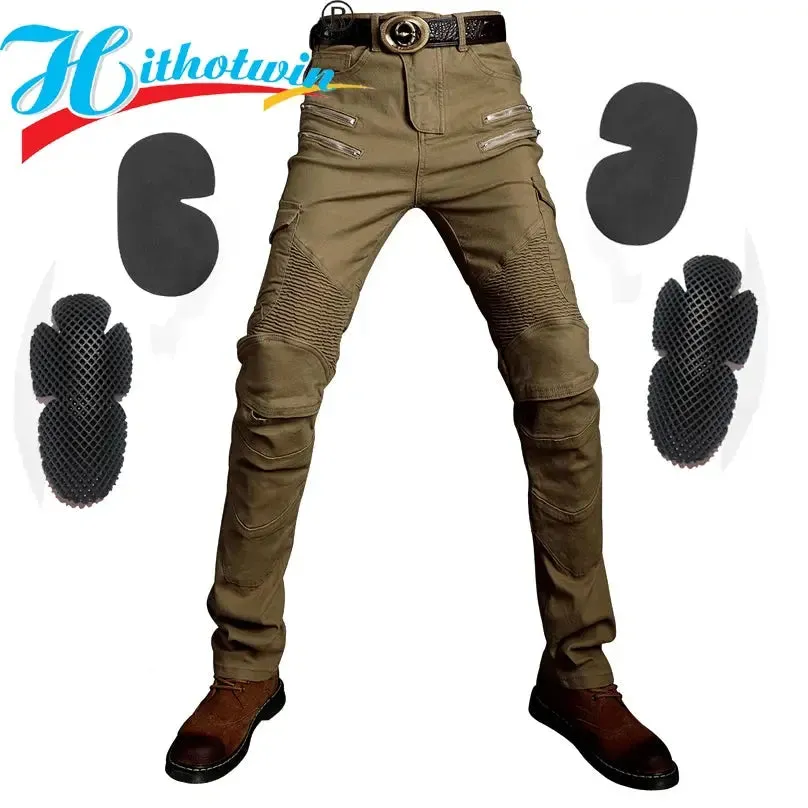 Men's Khaki Motorcycle Pants, Black Men Motor Jeans Zipper Protective Gear Blue Motorbike Trousers Motocross Pants Moto Pant