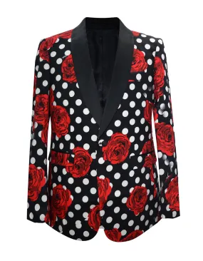 Mens Polka Dot & Rose Dinner Jacket in Black & Red