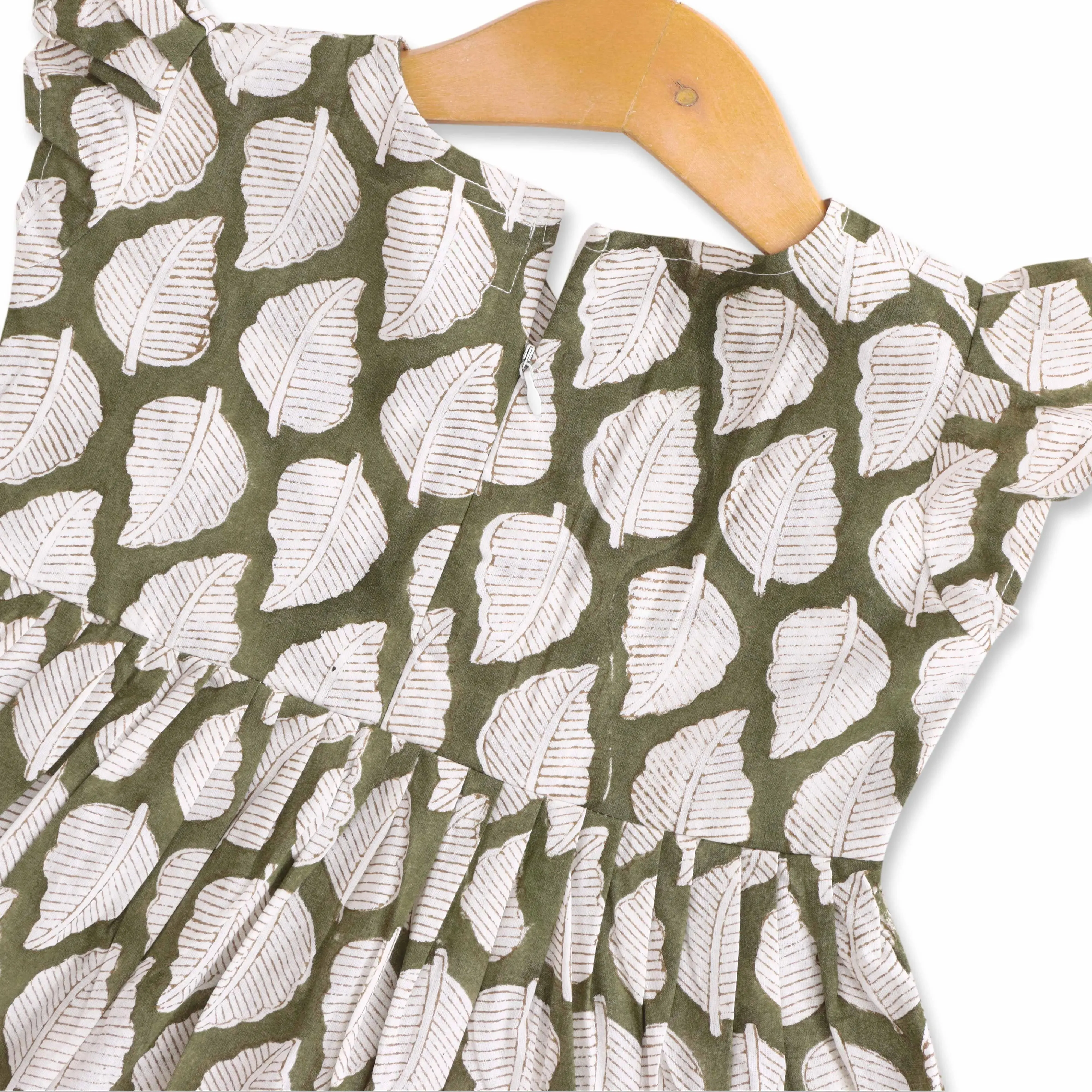 Mint Meadow: Fresh Leaf Printed Cotton Frock for Baby Girls