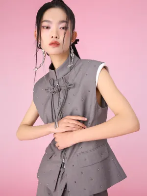 MUKZIN Color-block Chinese Style Retro Gray Stand-up Collar Vest