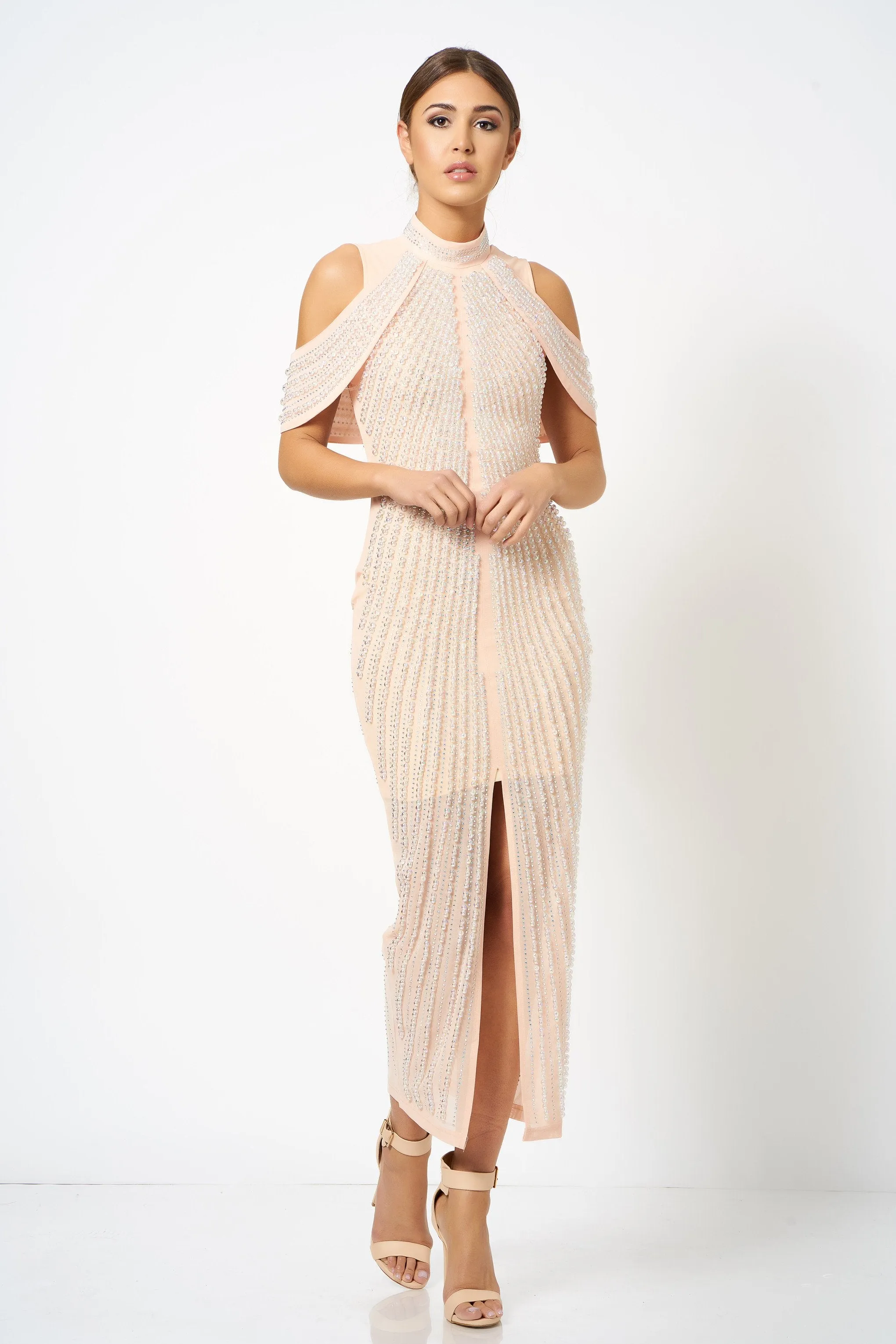 Nude Pink Embellished Split Front Maxi Dress