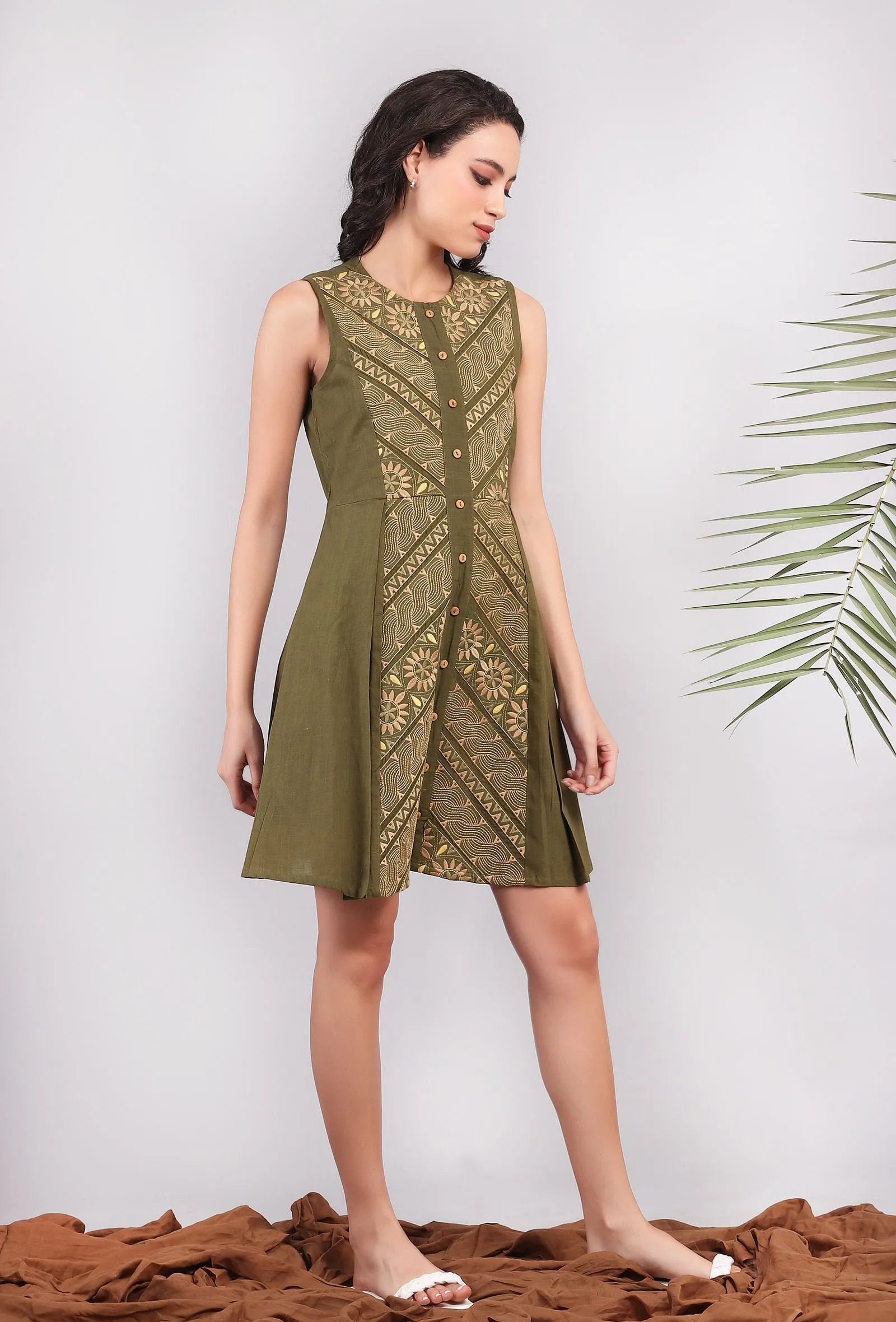 Olive Green Kantha Embroidered Side Pleated Dress