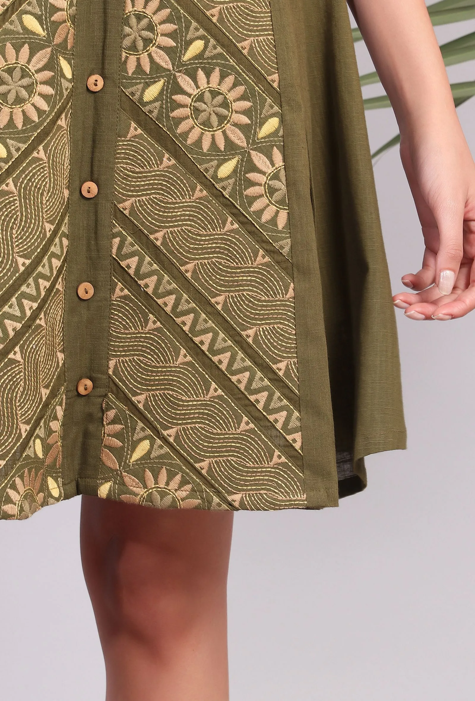 Olive Green Kantha Embroidered Side Pleated Dress