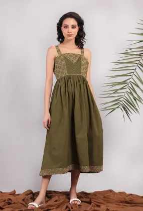 Olive Green Kantha Embroidered Strappy Gathered Dress