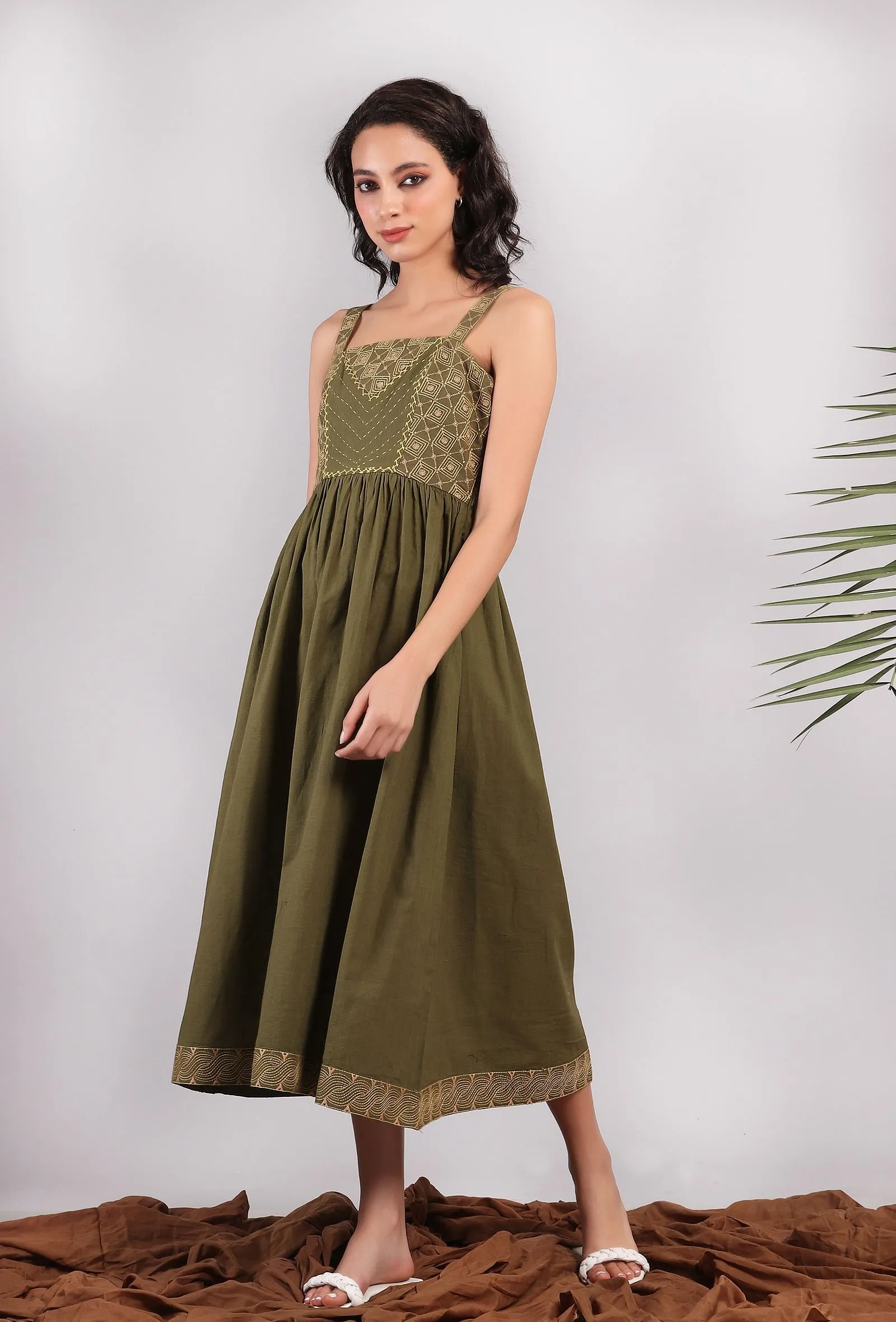 Olive Green Kantha Embroidered Strappy Gathered Dress