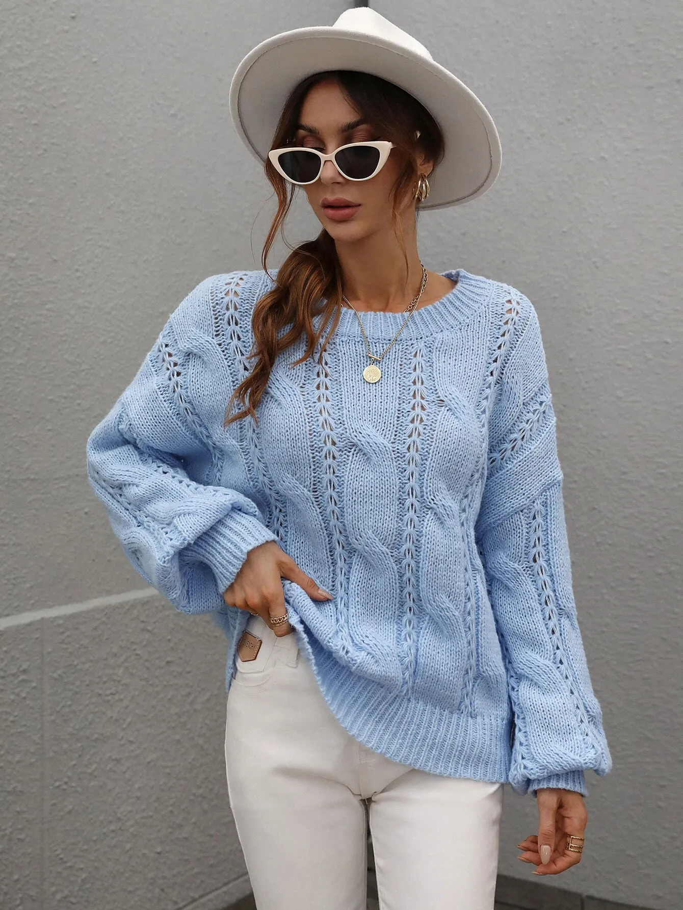 One On One Cable-Knit Openwork Round Neck Sweater