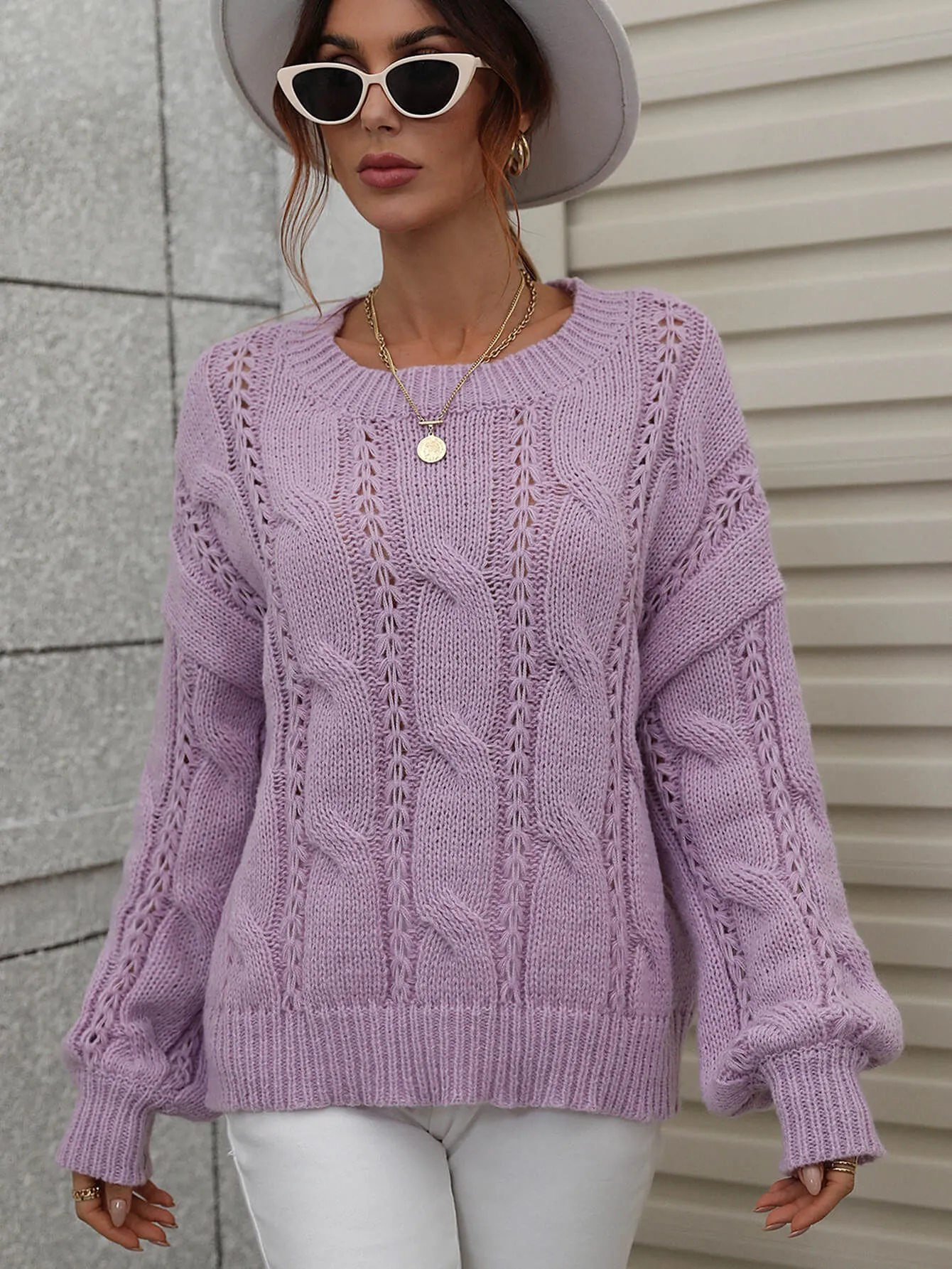 One On One Cable-Knit Openwork Round Neck Sweater