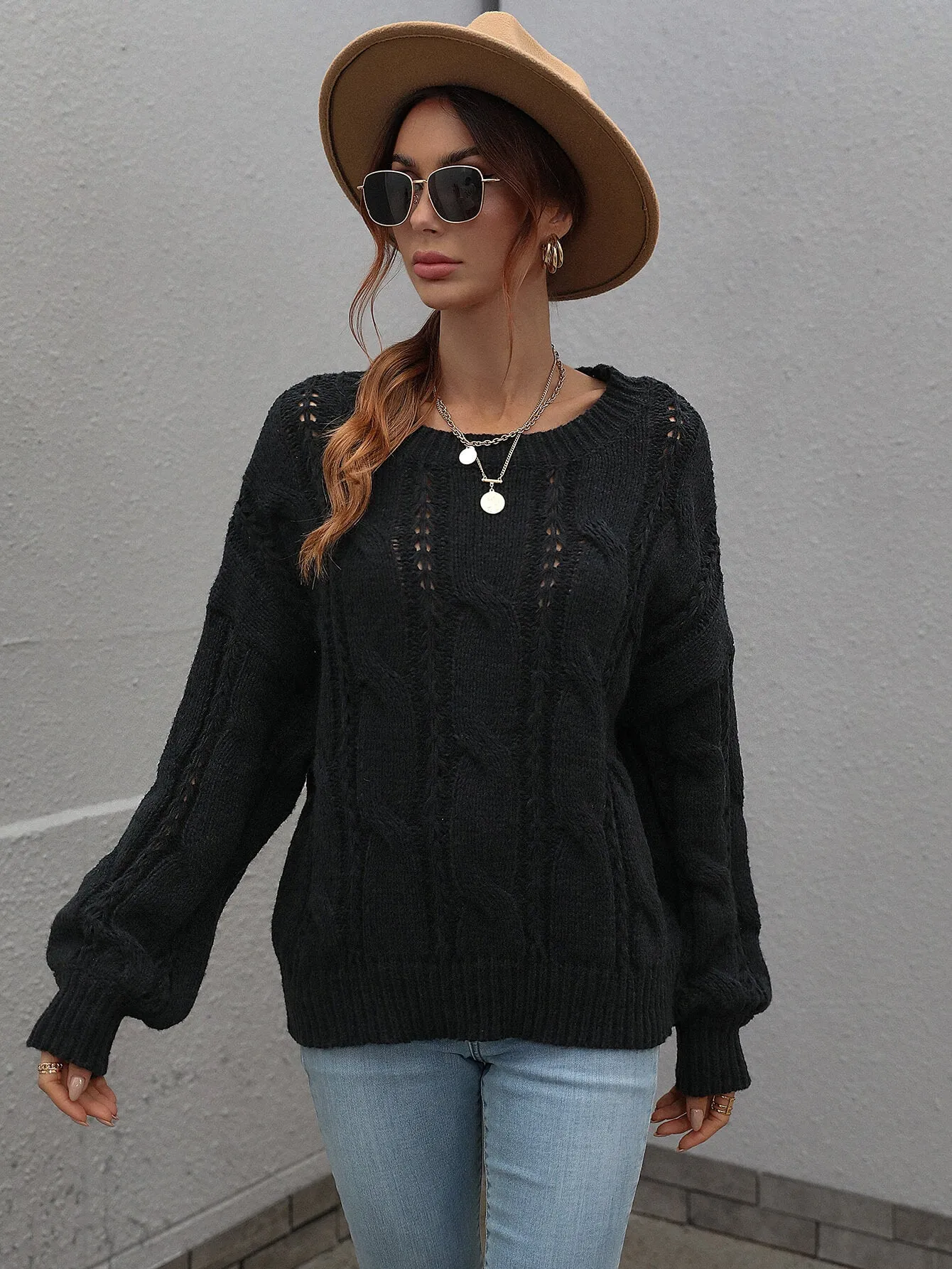 One On One Cable-Knit Openwork Round Neck Sweater