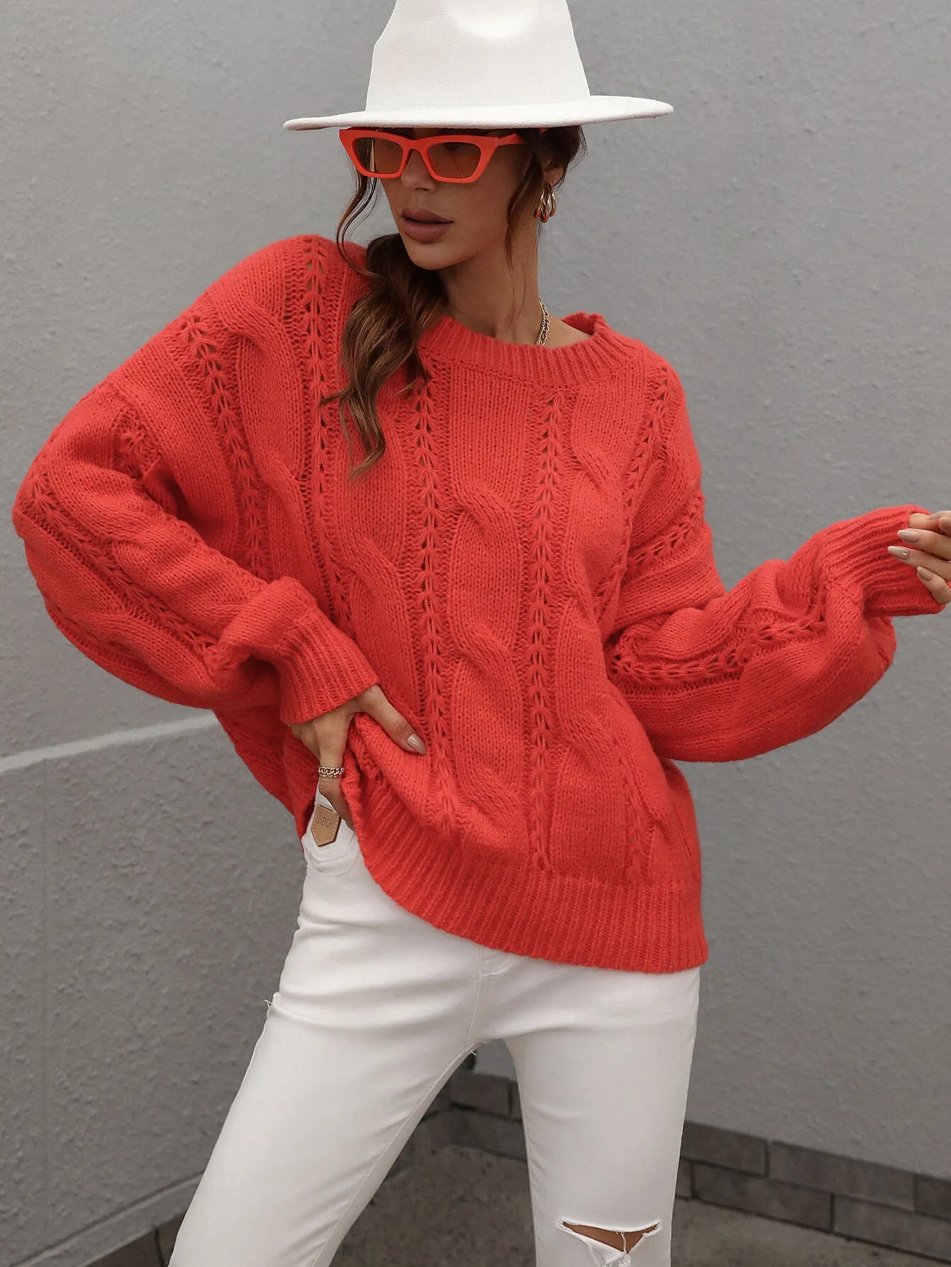 One On One Cable-Knit Openwork Round Neck Sweater