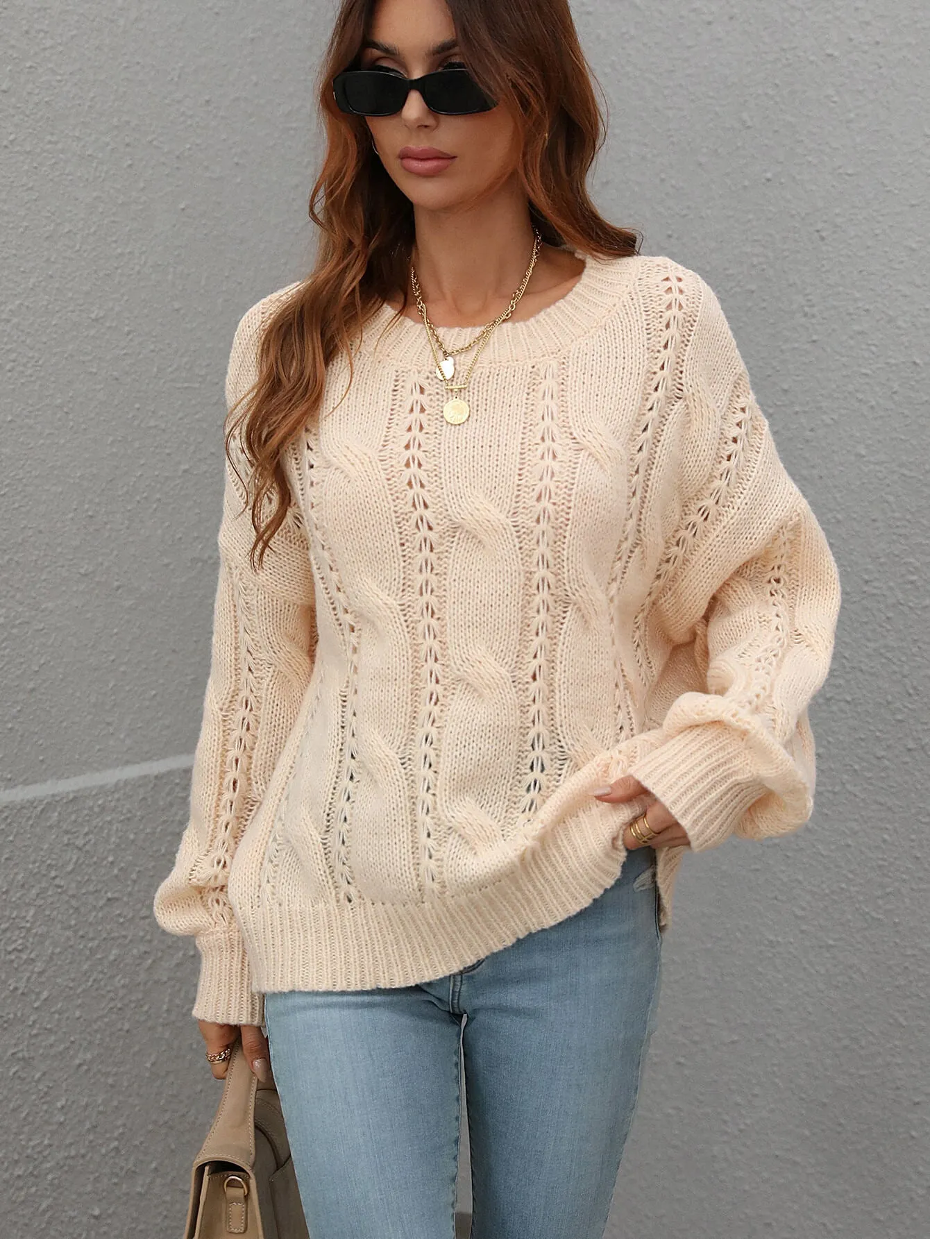 One On One Cable-Knit Openwork Round Neck Sweater