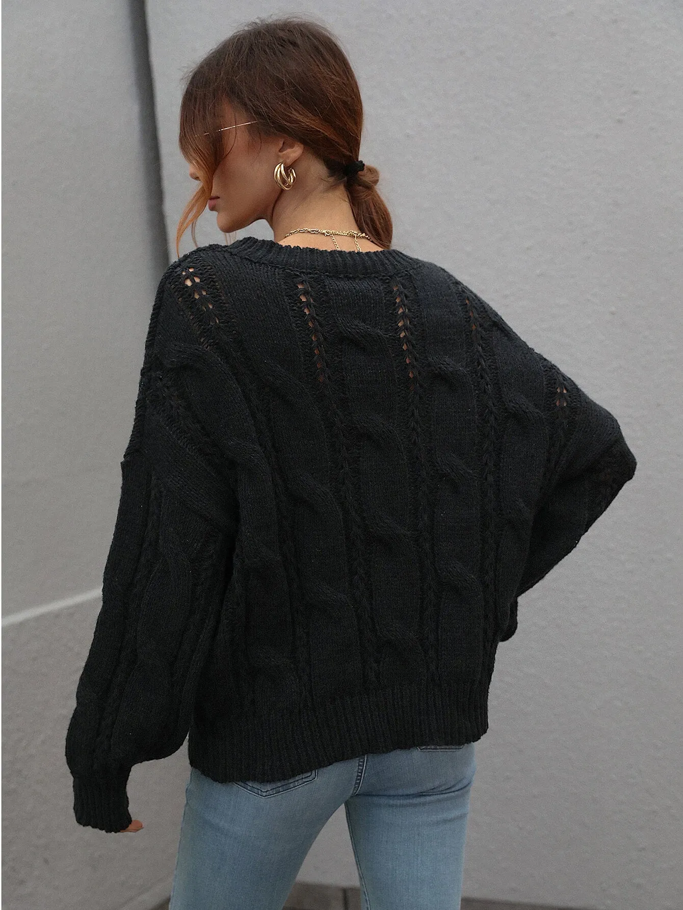 One On One Cable-Knit Openwork Round Neck Sweater