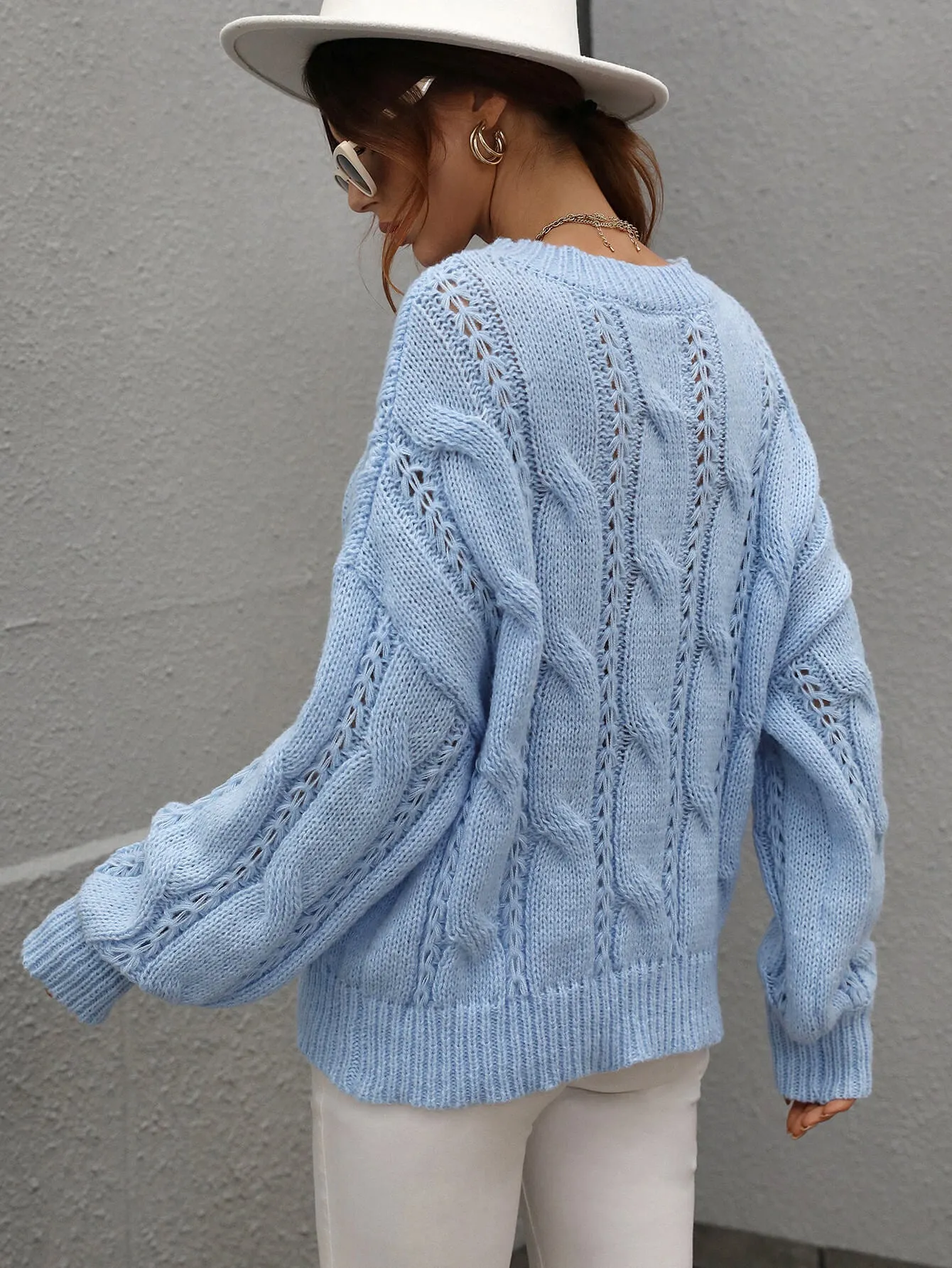 One On One Cable-Knit Openwork Round Neck Sweater