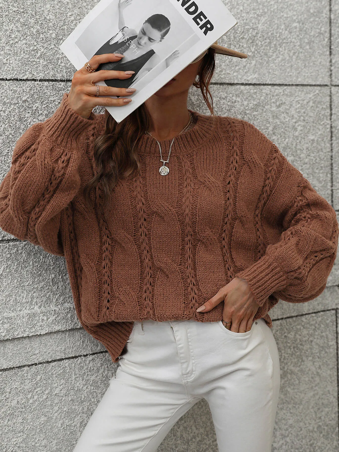 One On One Cable-Knit Openwork Round Neck Sweater