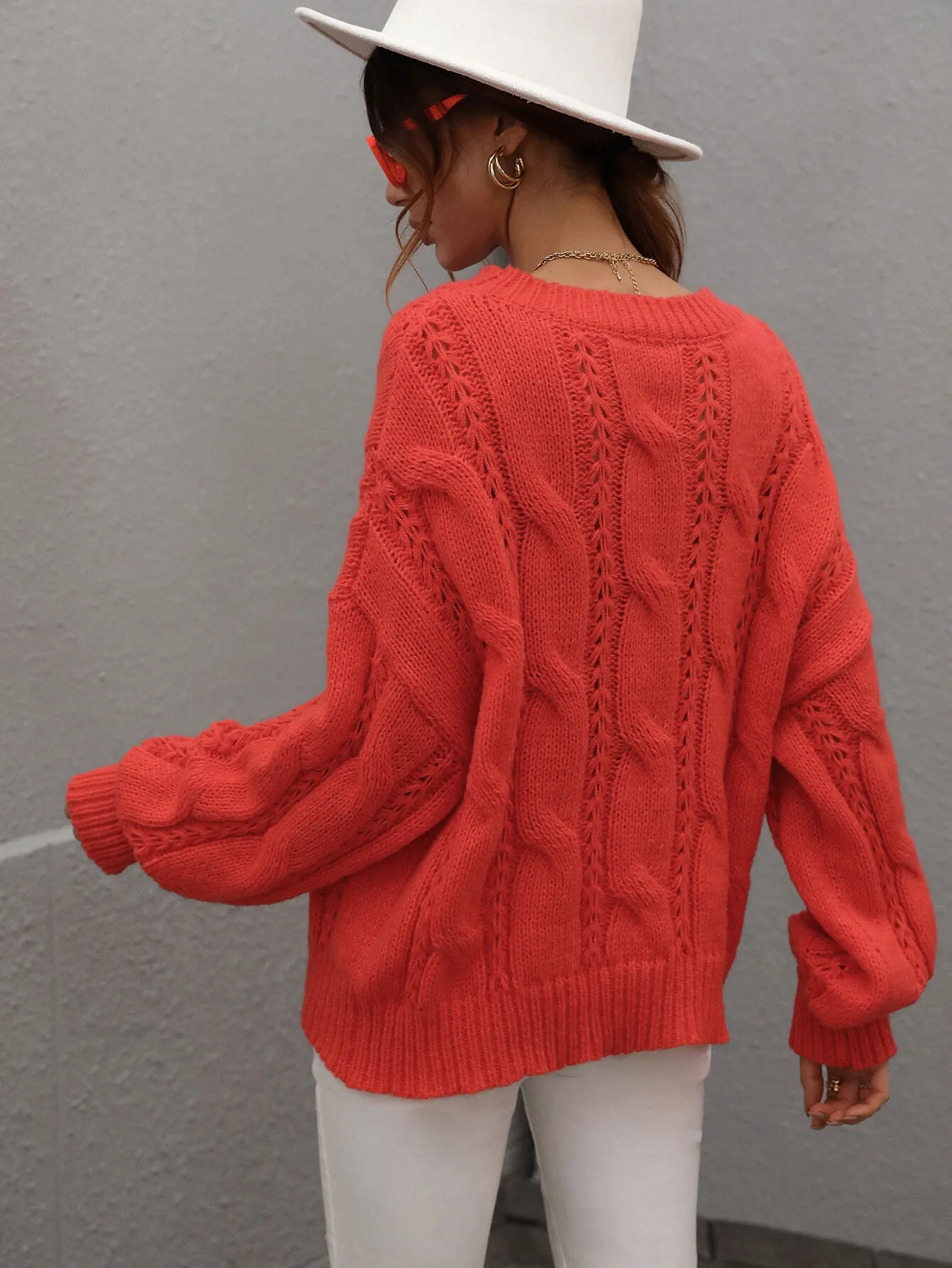 One On One Cable-Knit Openwork Round Neck Sweater