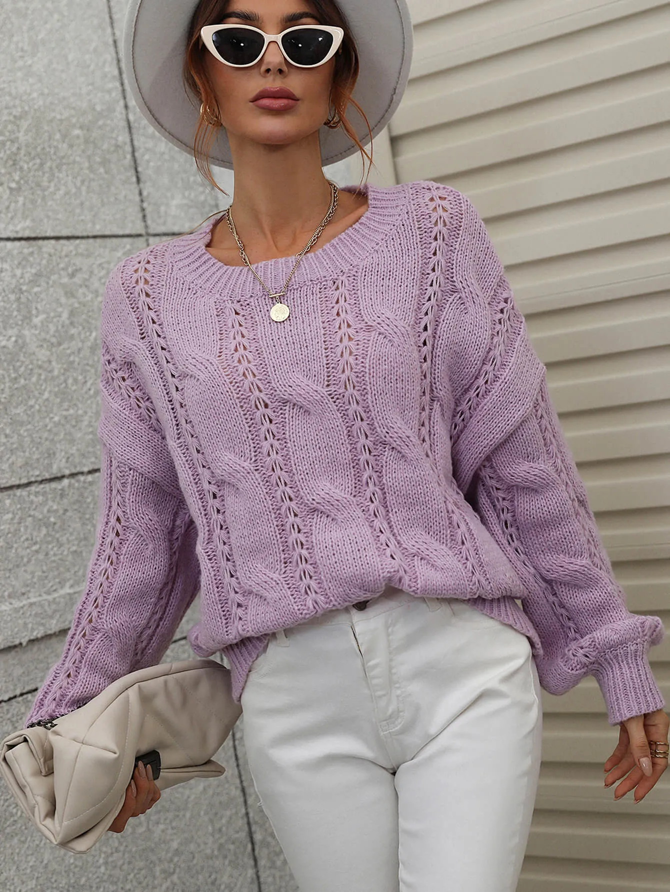 One On One Cable-Knit Openwork Round Neck Sweater