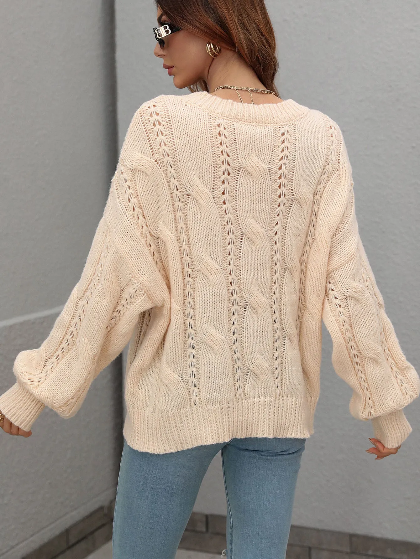 One On One Cable-Knit Openwork Round Neck Sweater