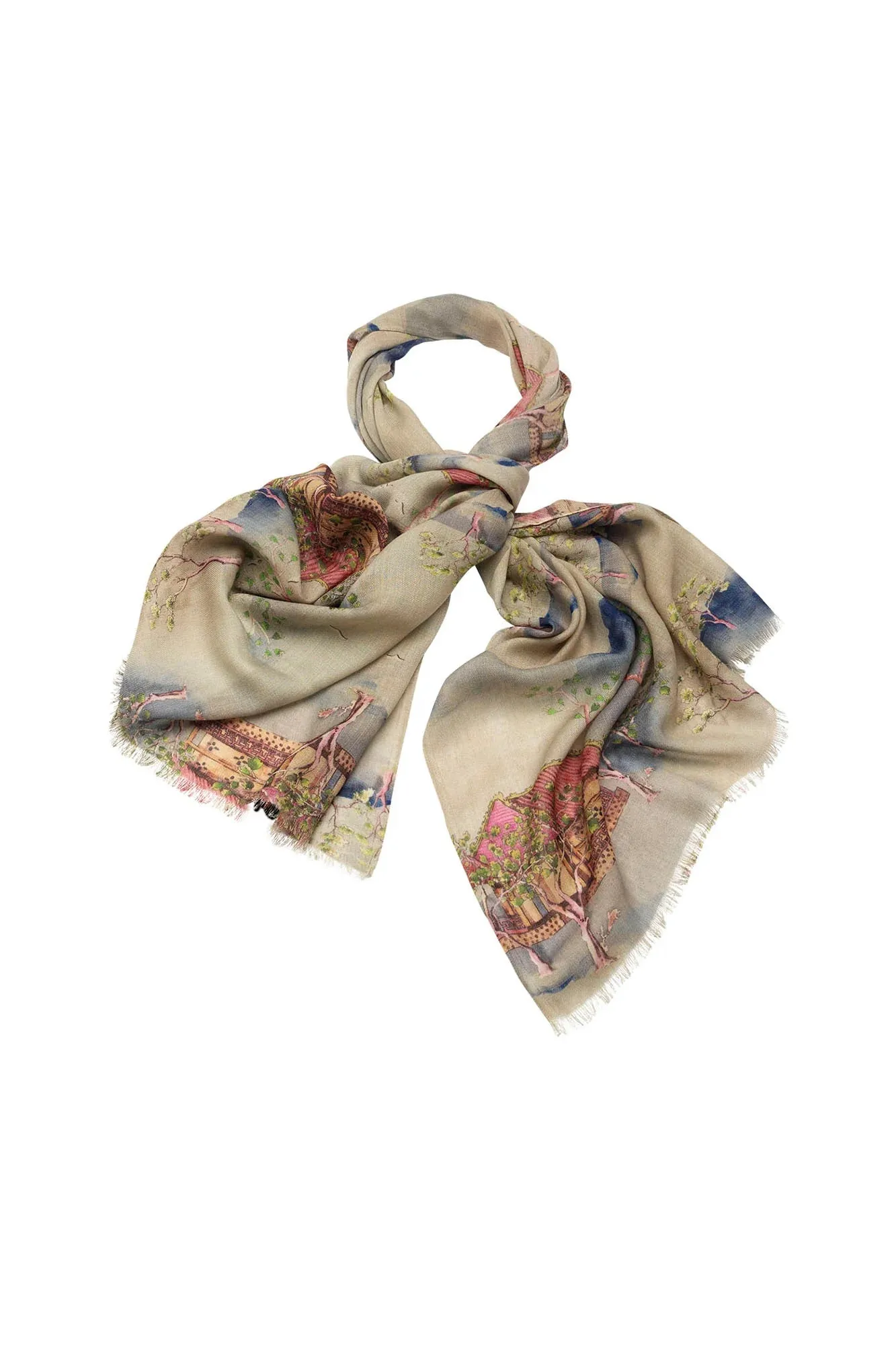 Oriental Landscape Grey Wool Scarf | One Hundred Stars