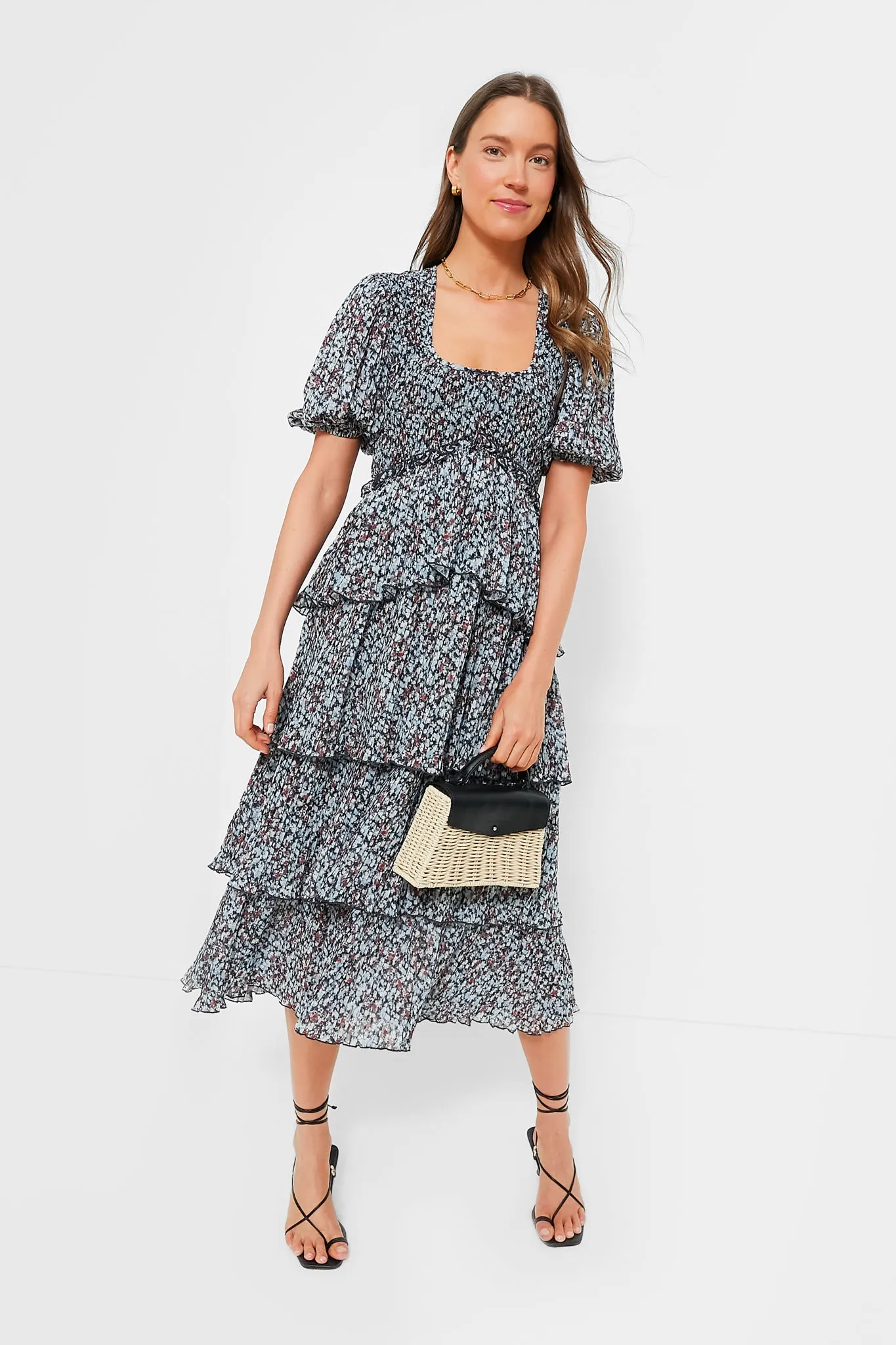 Phantom Pleated Georgette Layer Smock Midi Dress