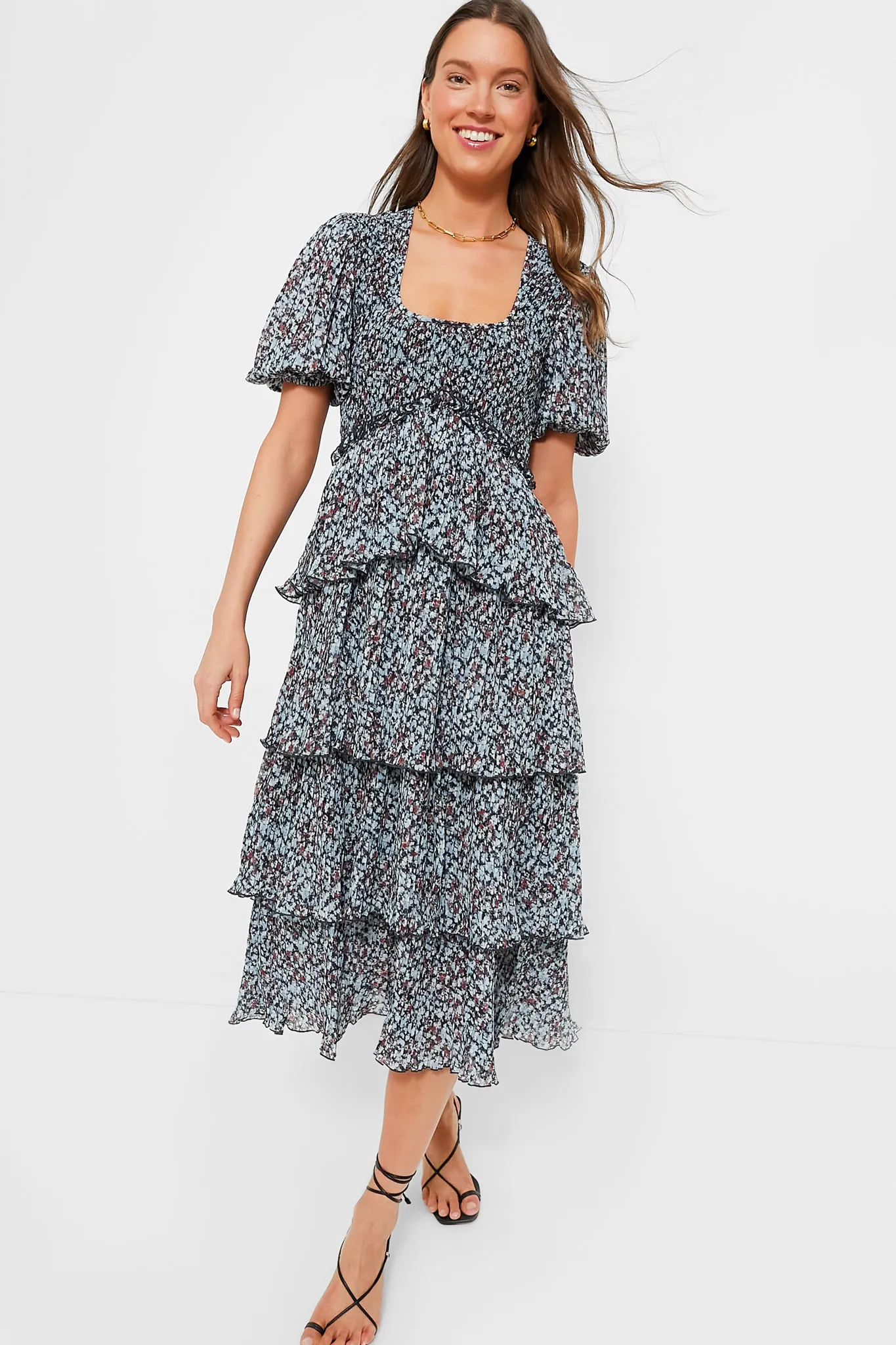 Phantom Pleated Georgette Layer Smock Midi Dress