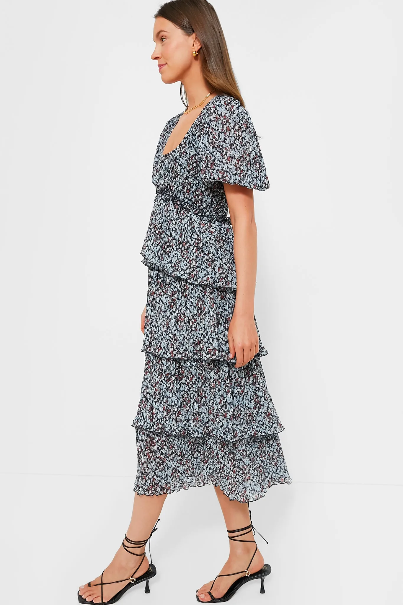 Phantom Pleated Georgette Layer Smock Midi Dress