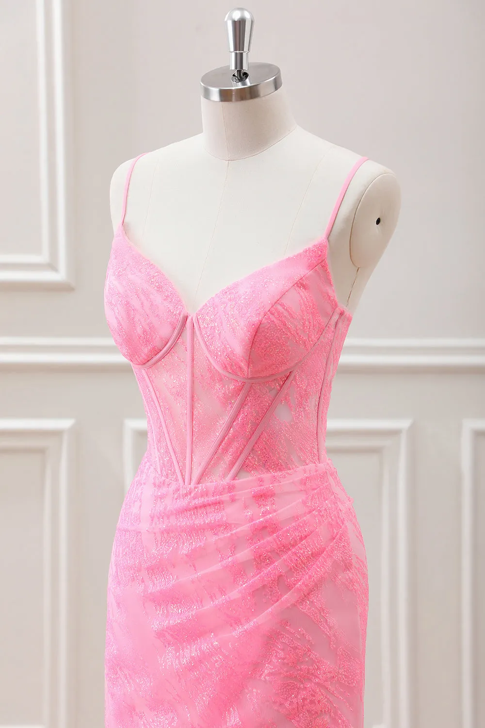 Pleated Pink Beaded Corset Bodycon Mini Dress with Lace up Back