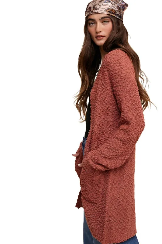 Popcorn Open Knit Cardigan Sweater