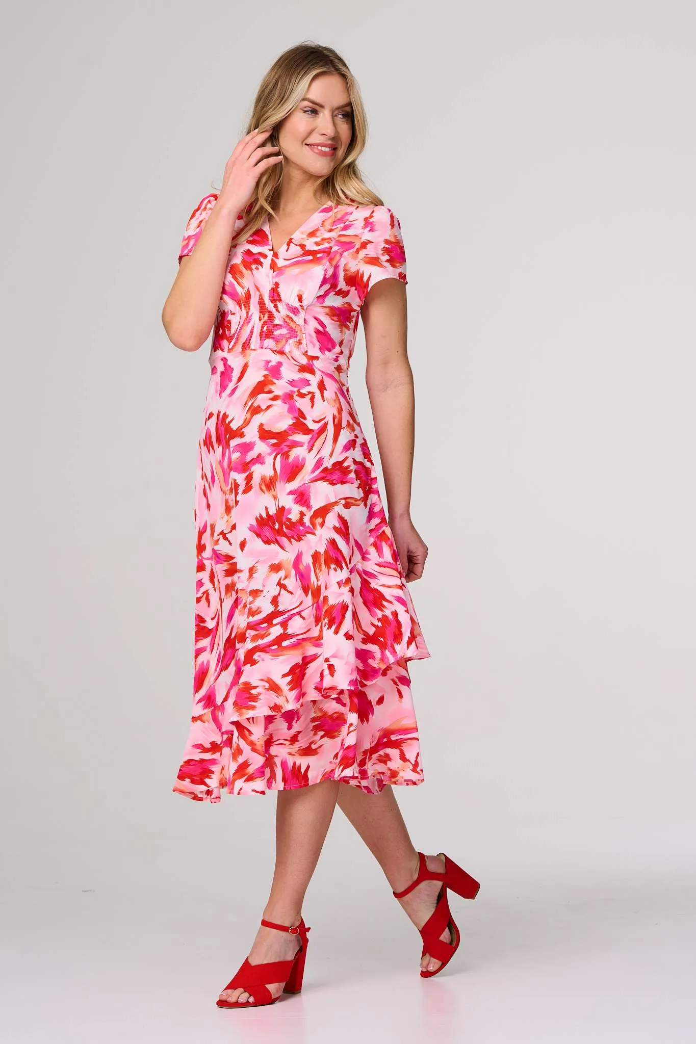 Printed Layered Hem Midi Dress