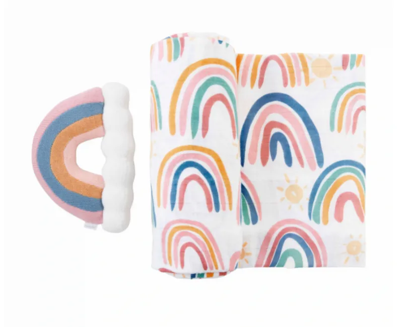 Rainbow Swaddle & Rattle Set