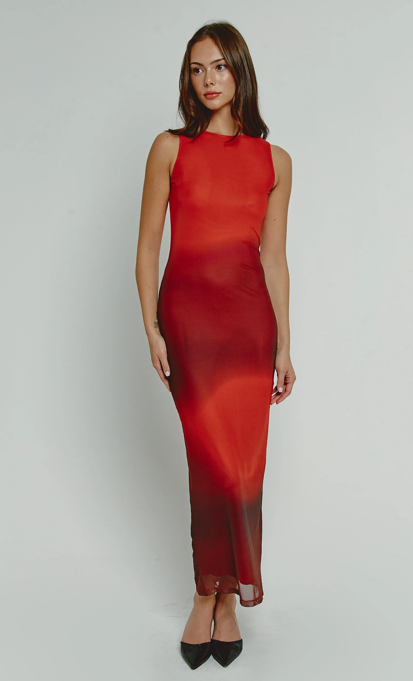 Red Mesh Blur Maxi Dress