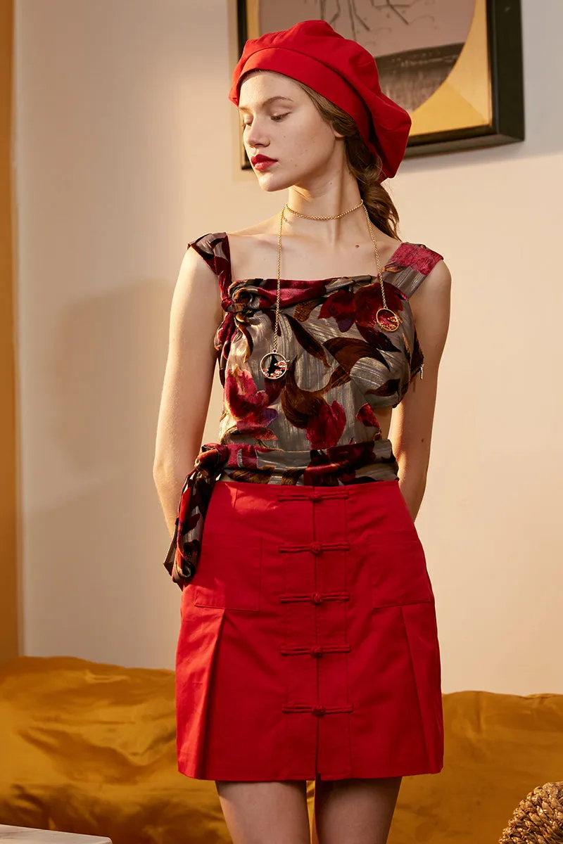 Rimless | Red Handmade Frog Buttons Skirt