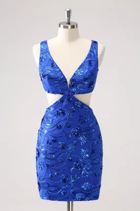 Royal Blue Bodycon Cut Out Mini Dress with Beading