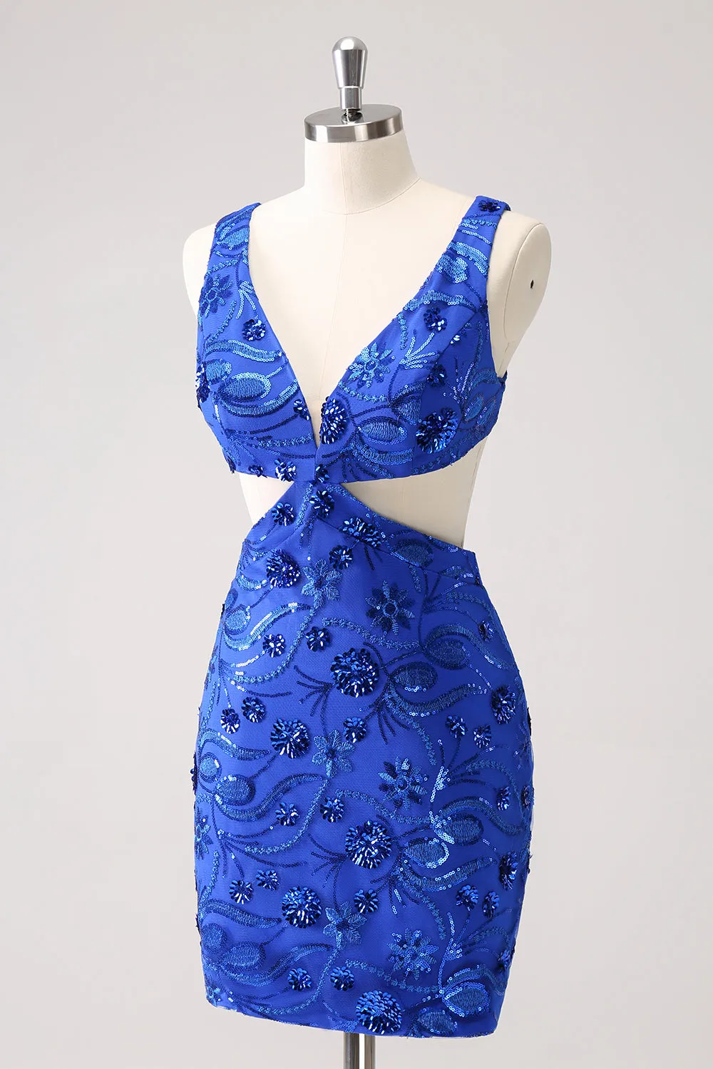 Royal Blue Bodycon Cut Out Mini Dress with Beading