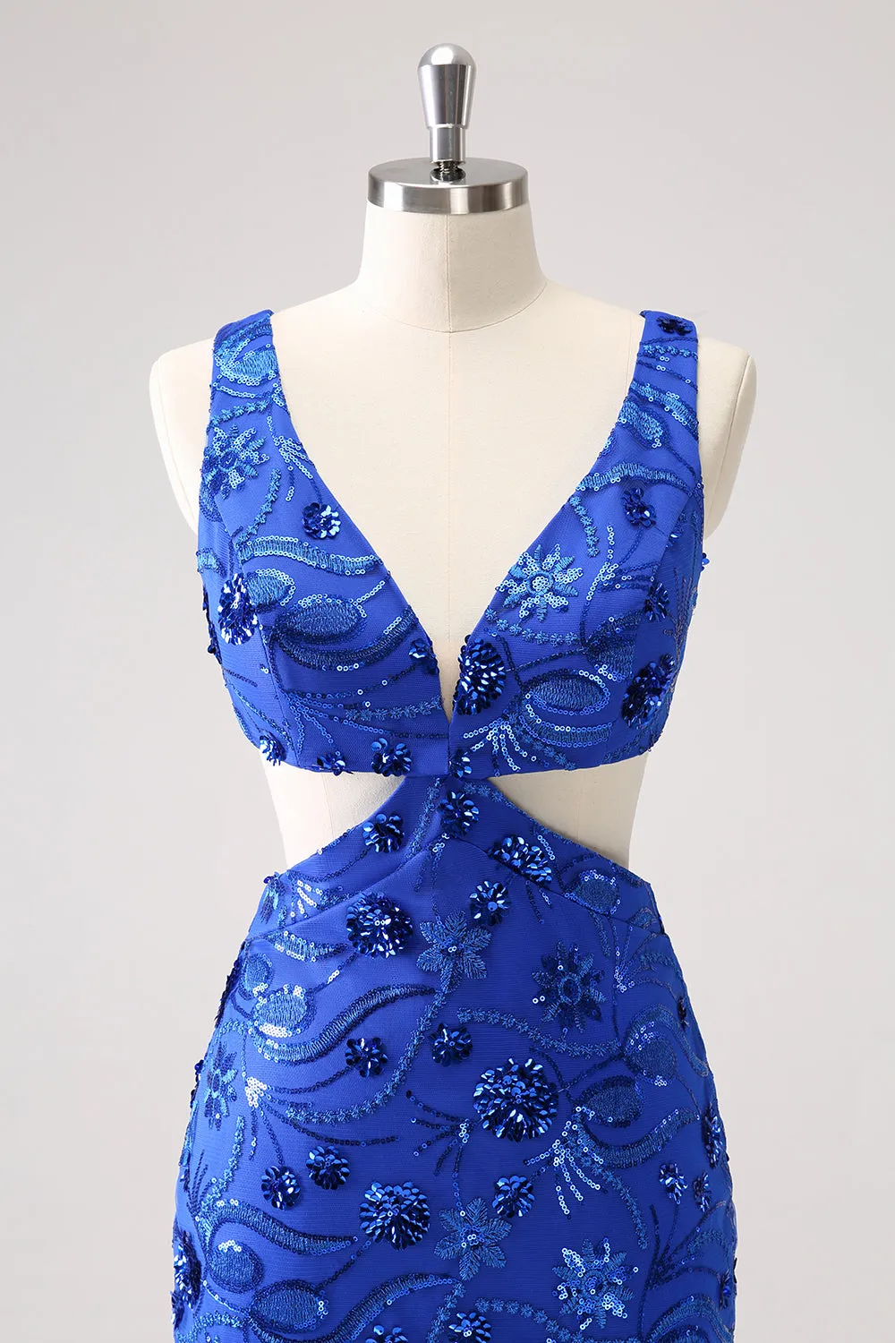 Royal Blue Bodycon Cut Out Mini Dress with Beading