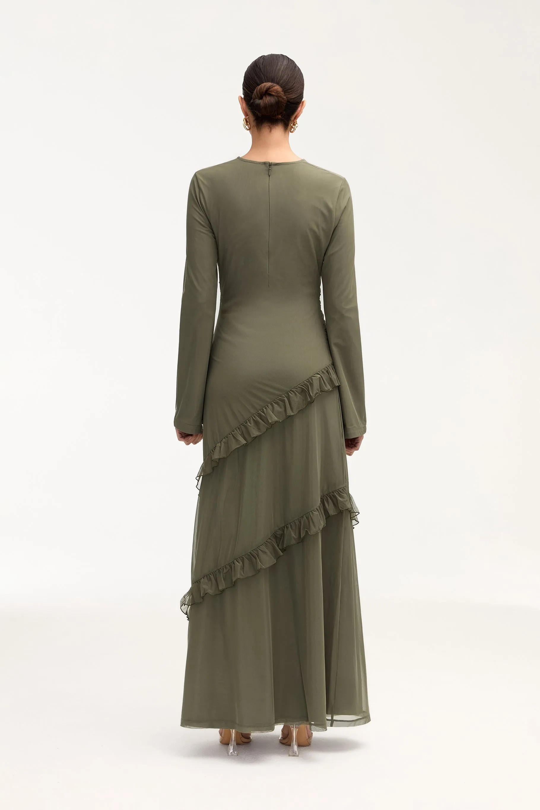 Sabrina Waterfall Mesh Maxi Dress - Smokey Olive