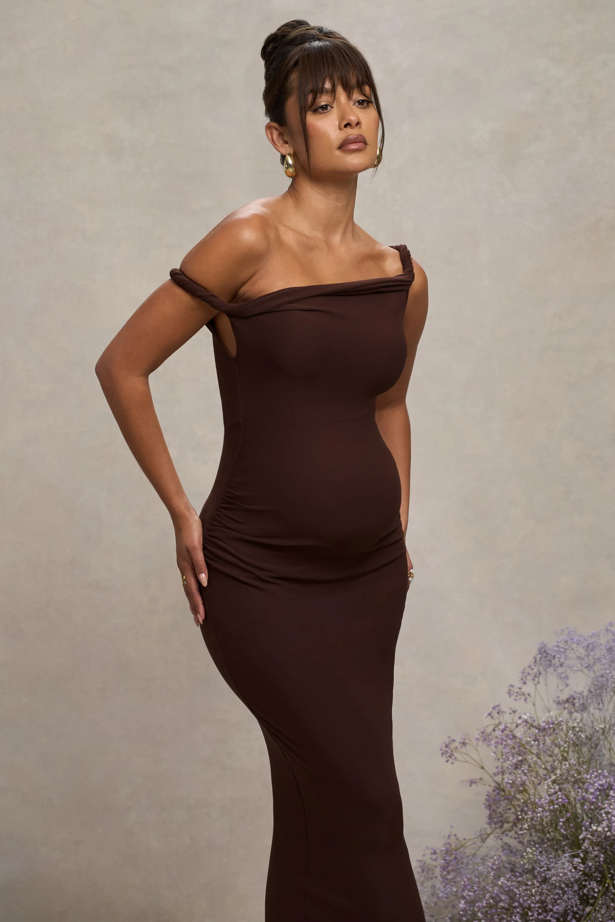 Salome | Chocolate Brown Twisted Asymmetric Maternity Midi Dress