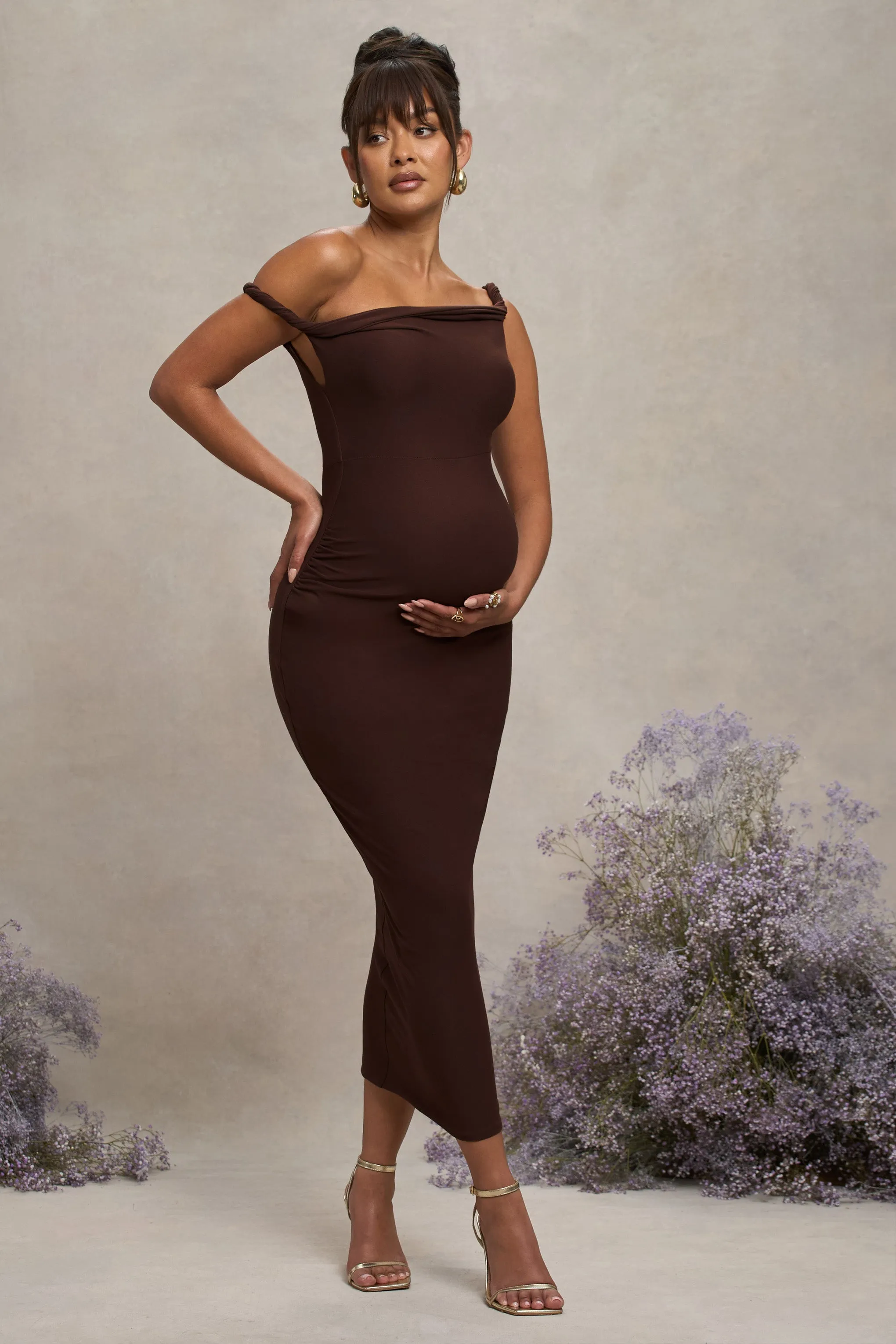 Salome | Chocolate Brown Twisted Asymmetric Maternity Midi Dress