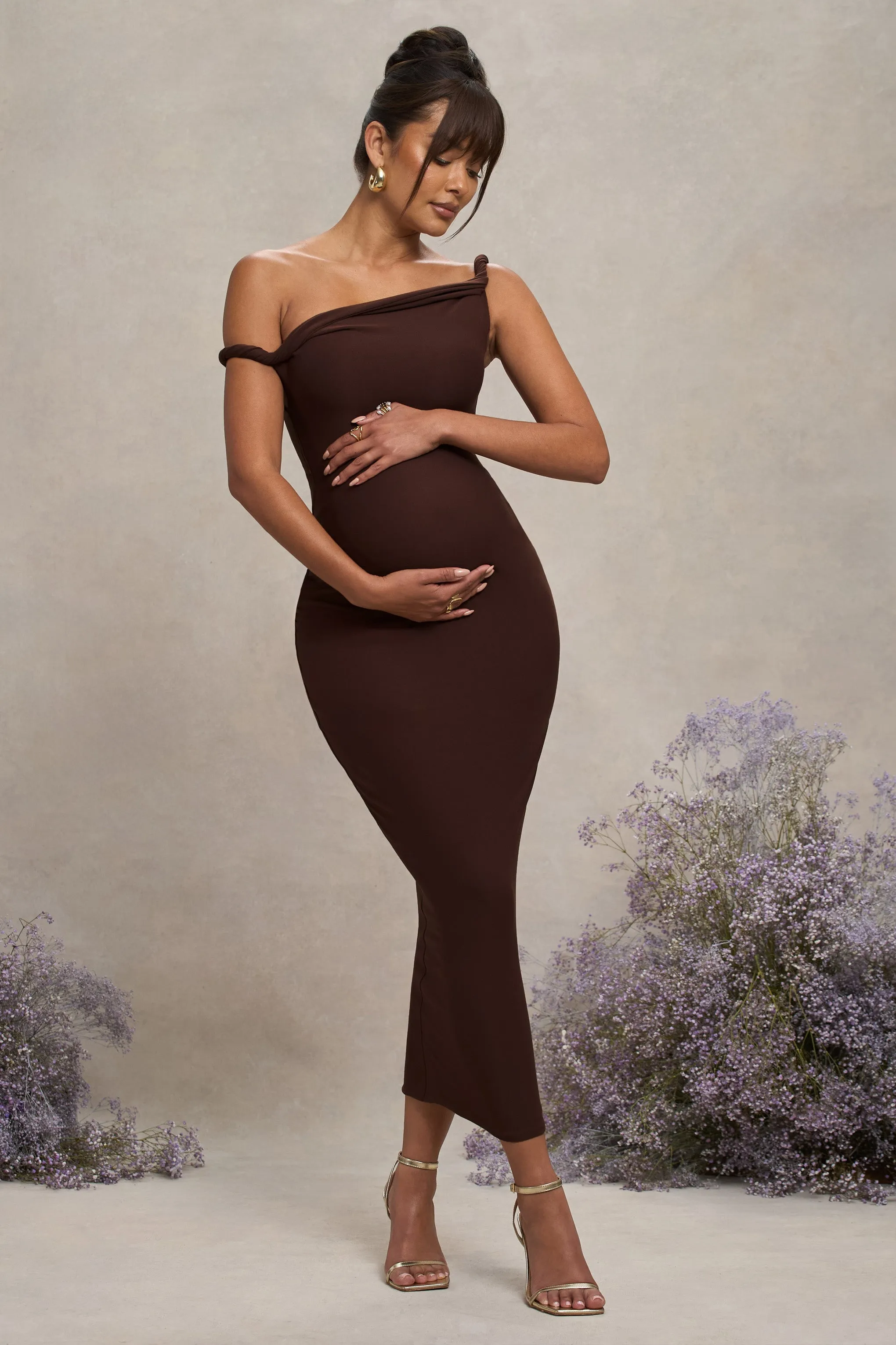 Salome | Chocolate Brown Twisted Asymmetric Maternity Midi Dress