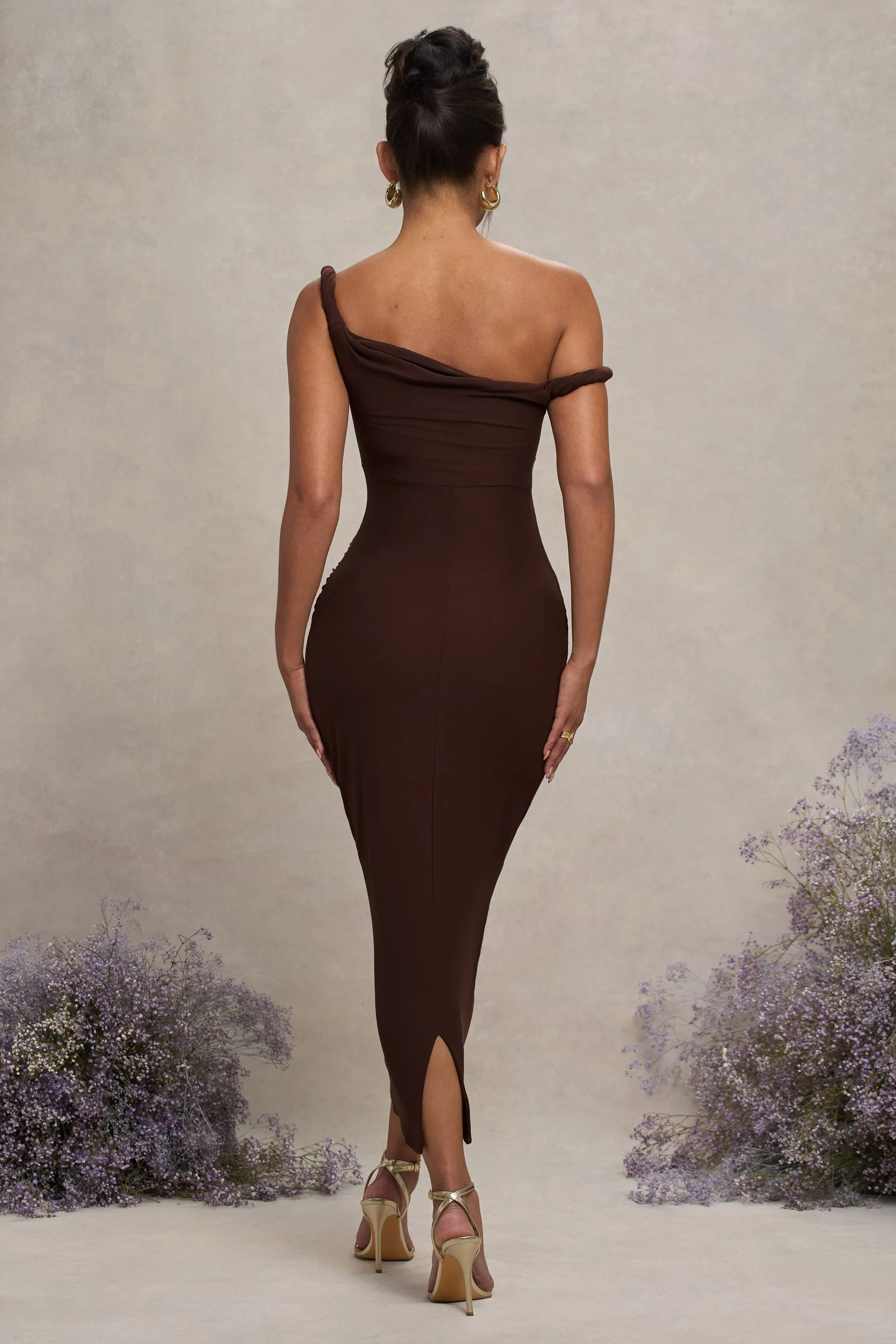 Salome | Chocolate Brown Twisted Asymmetric Maternity Midi Dress