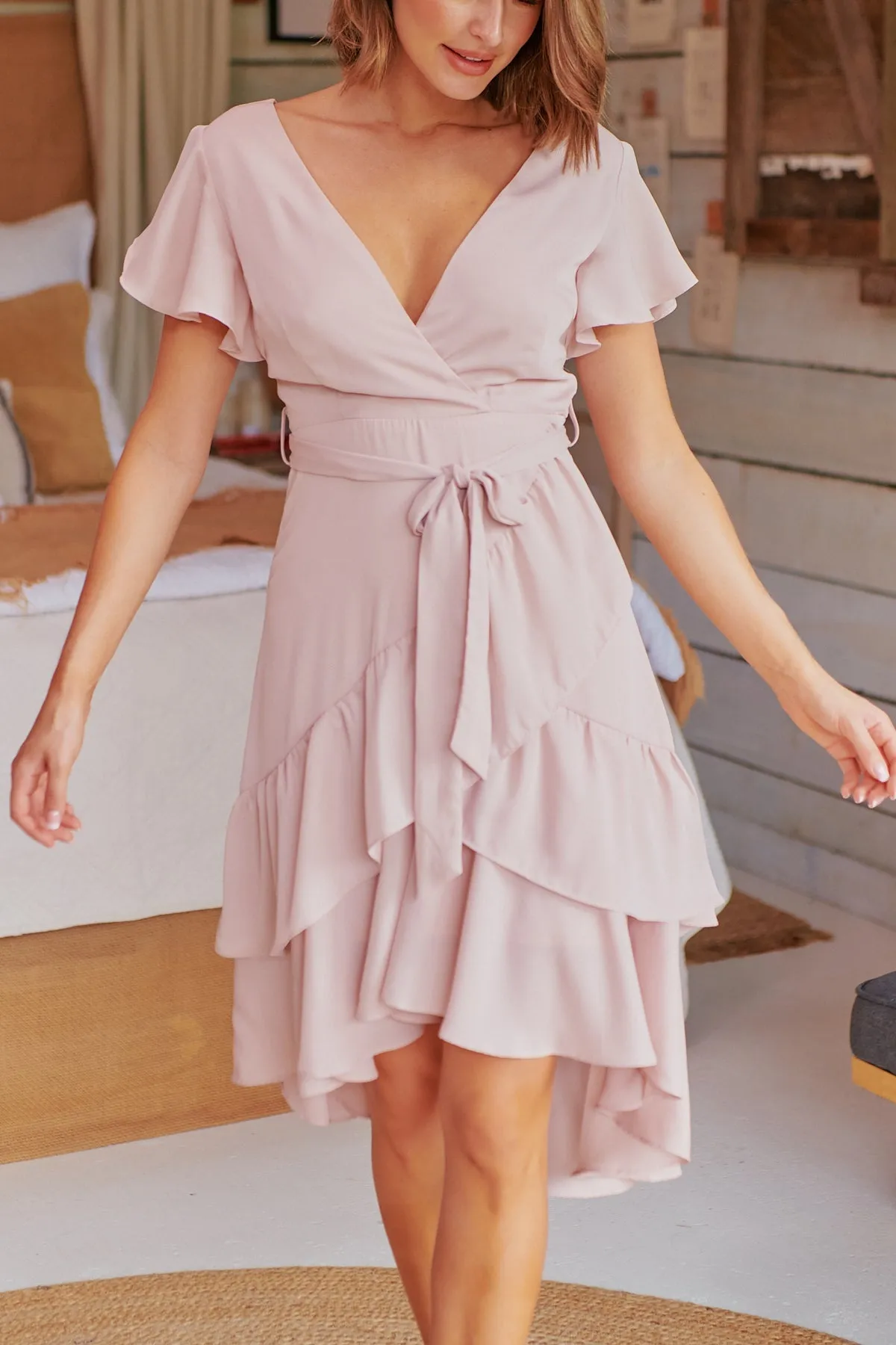 Selina Blush Cross Over Tie Waist Evening Dress